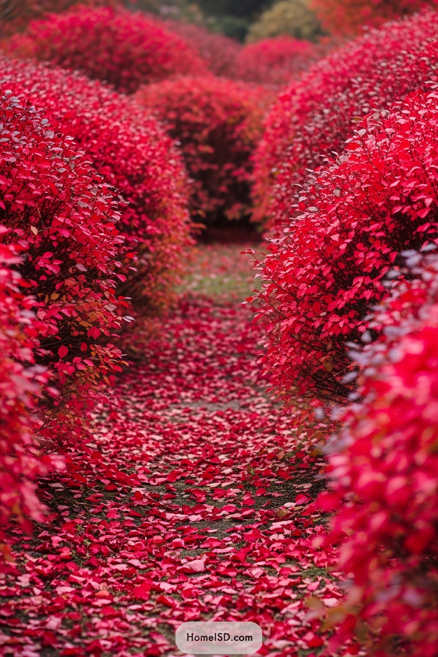Pathway Lined with Vibrant Red Bushes