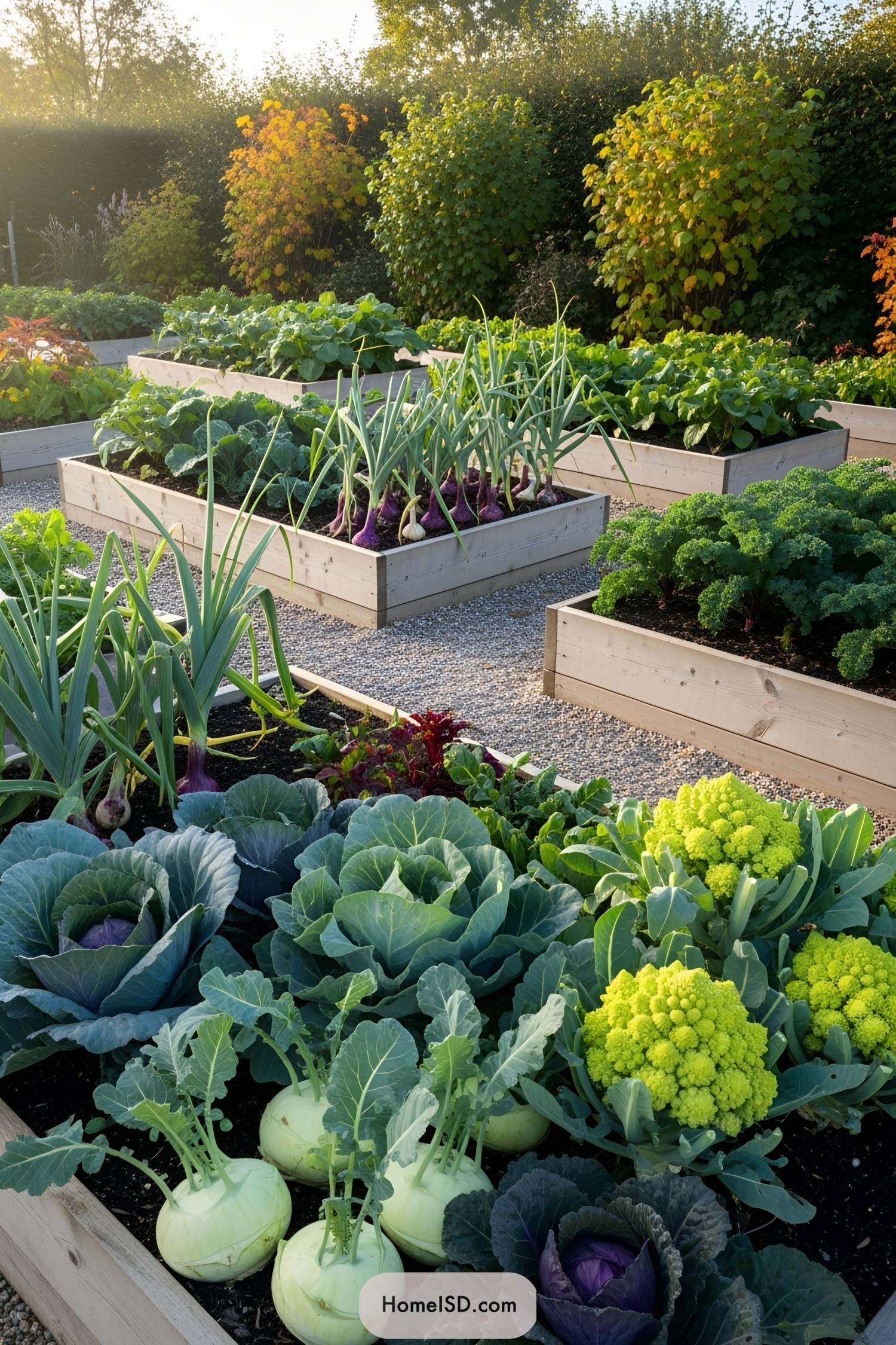 Colorful vegetables in raised garden beds