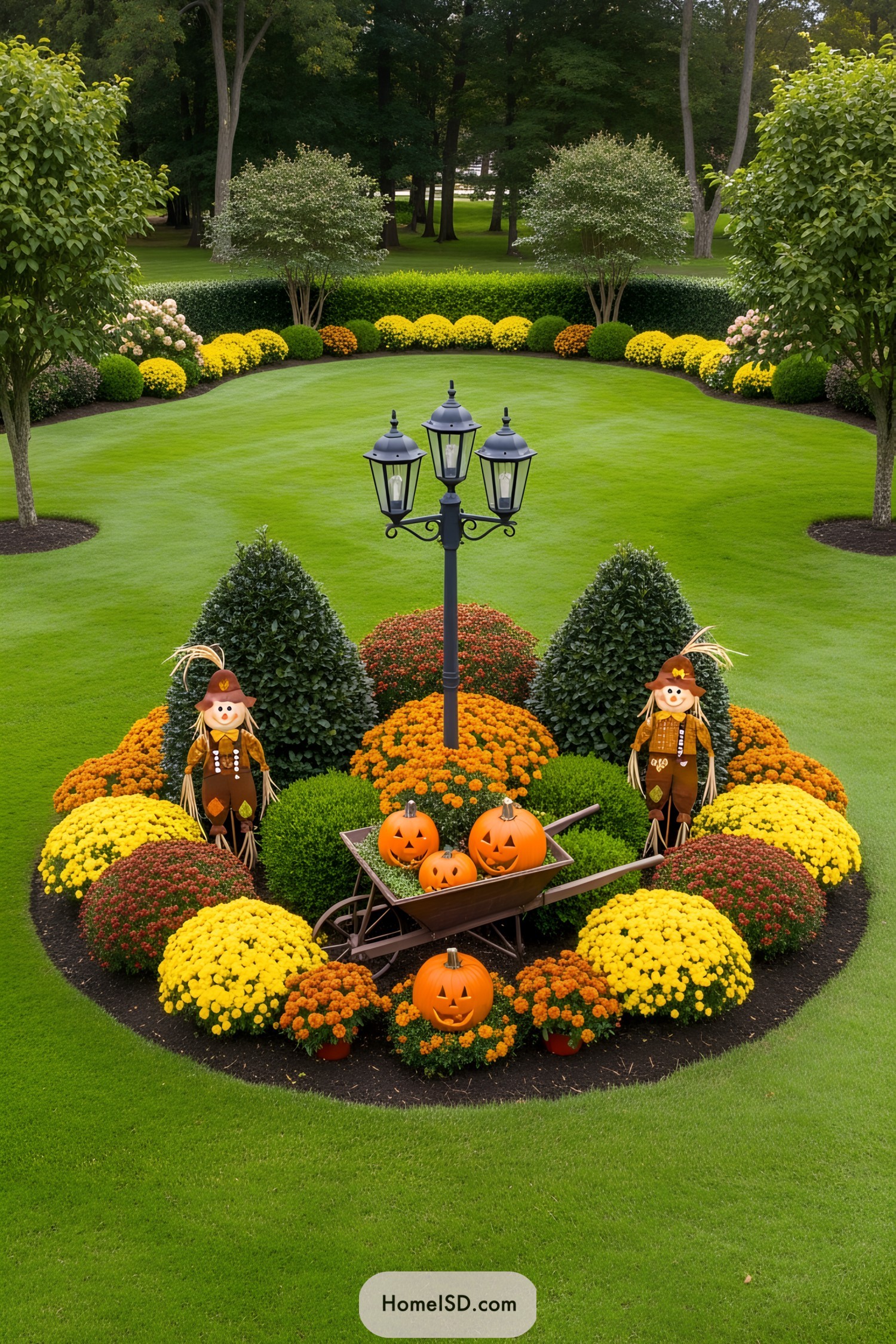 Vibrant autumn display with pumpkins, flowers, and scarecrows