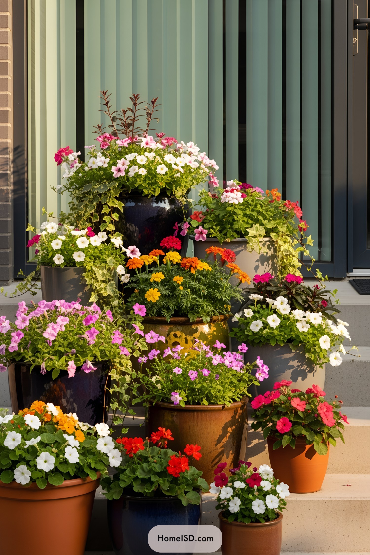 Colorful flower pots arranged on outdoor steps
