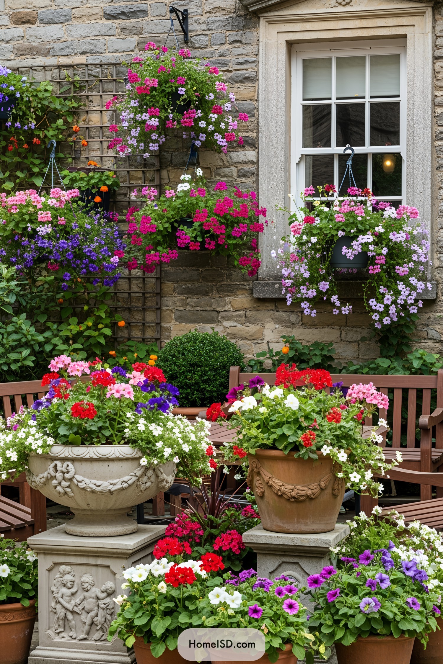 Colorful flowers in various pots against a brick wall