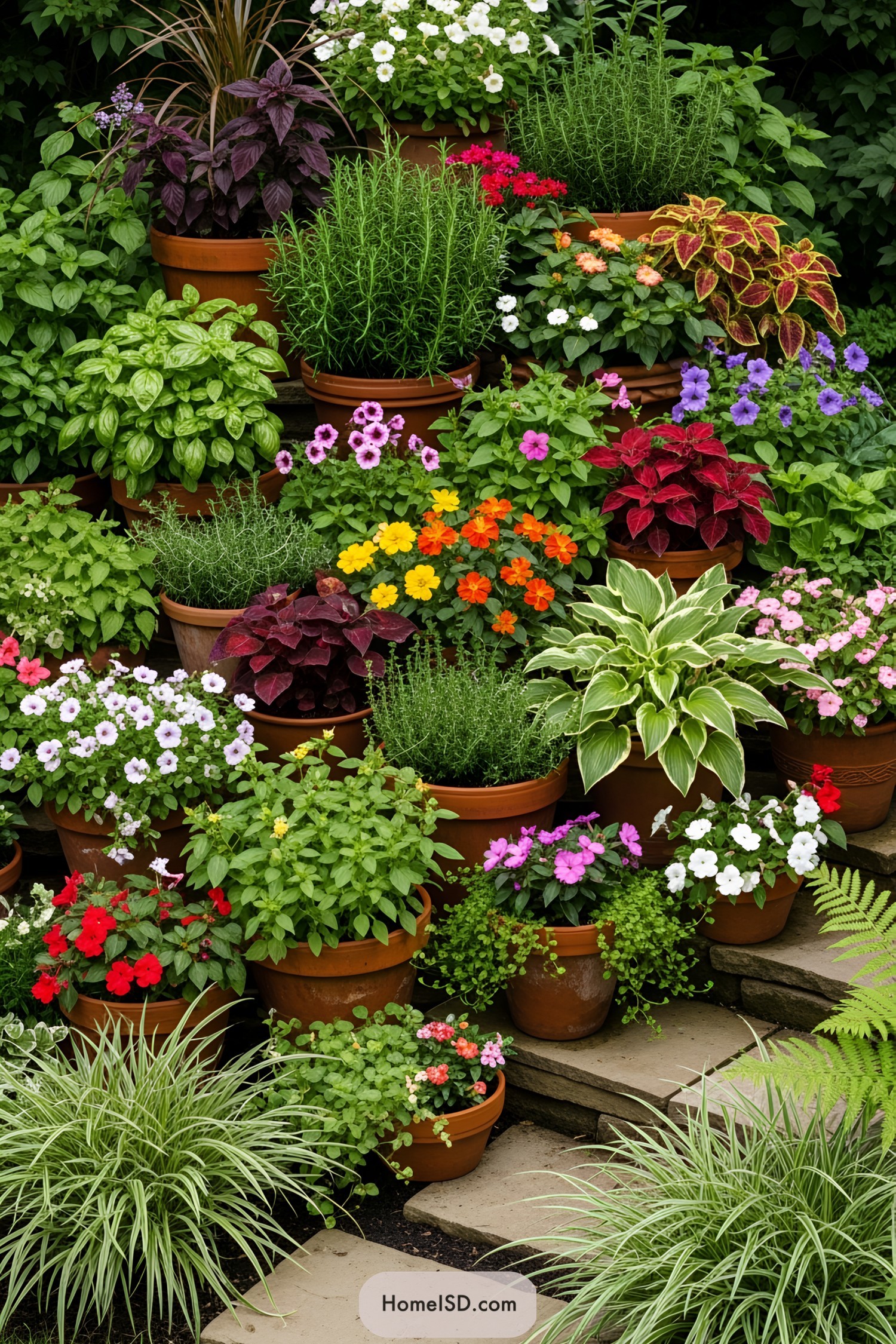 Tiered arrangement of various potted flowers and plants