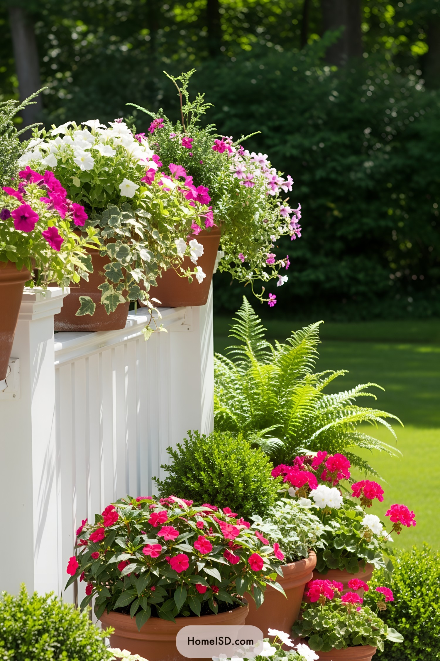 Colorful flowers in pots lining a white railing in a garden setting