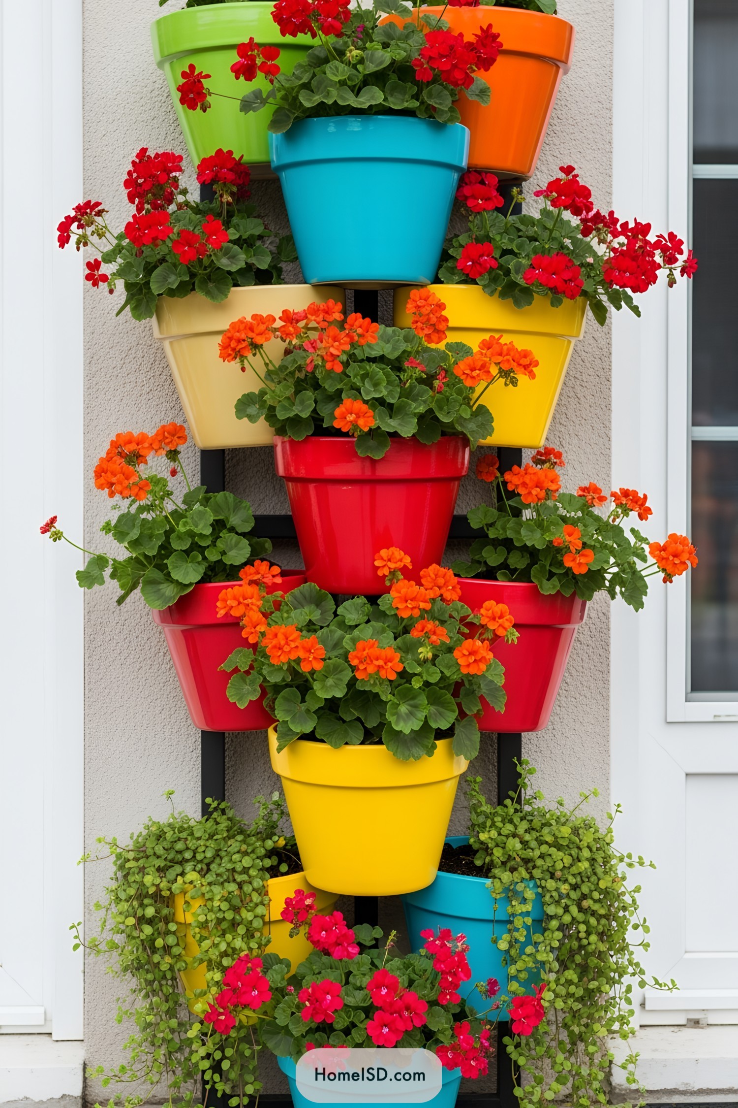 Colorful pots with red and orange flowers stacked vertically