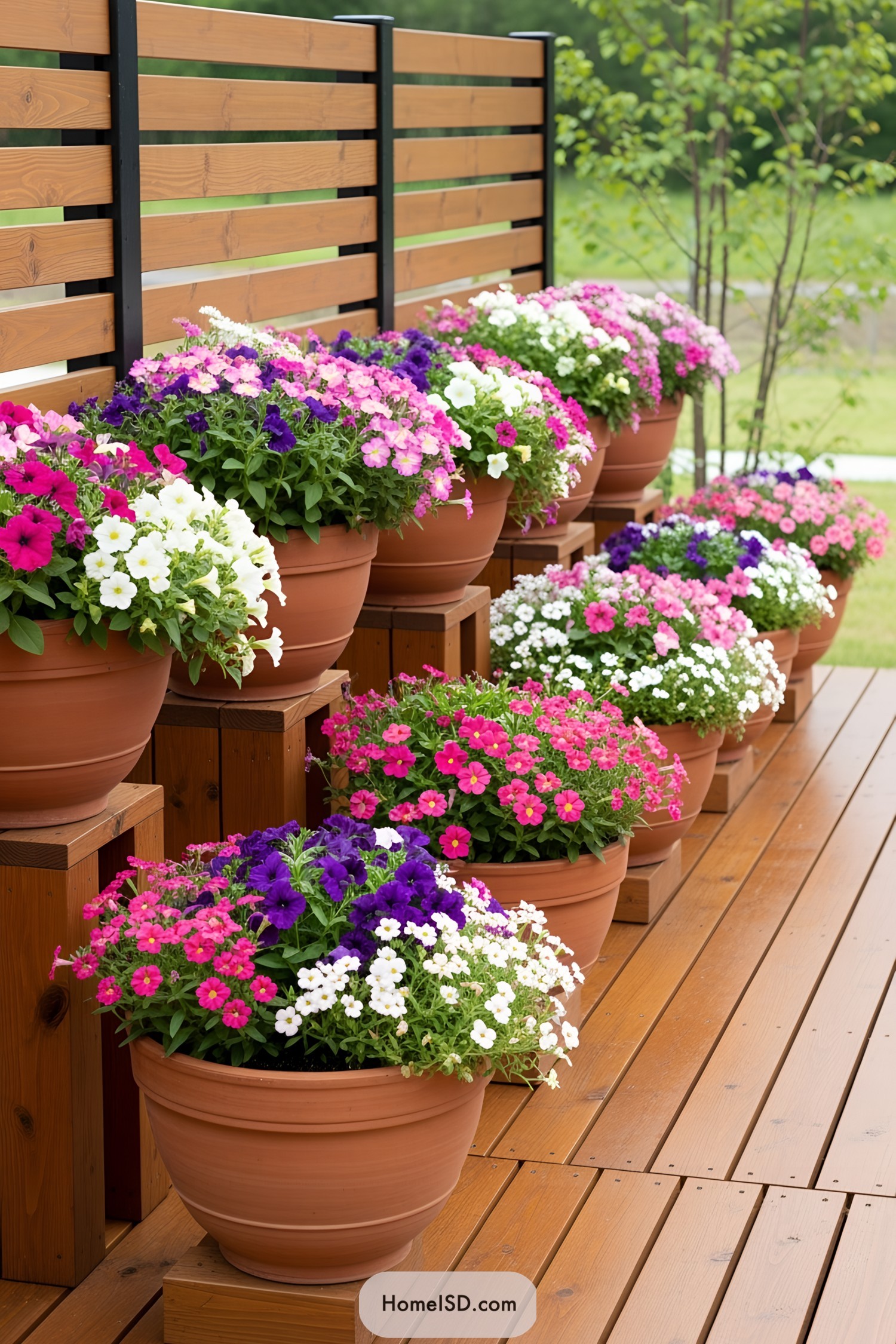 Colorful flowers in terracotta pots on wooden steps