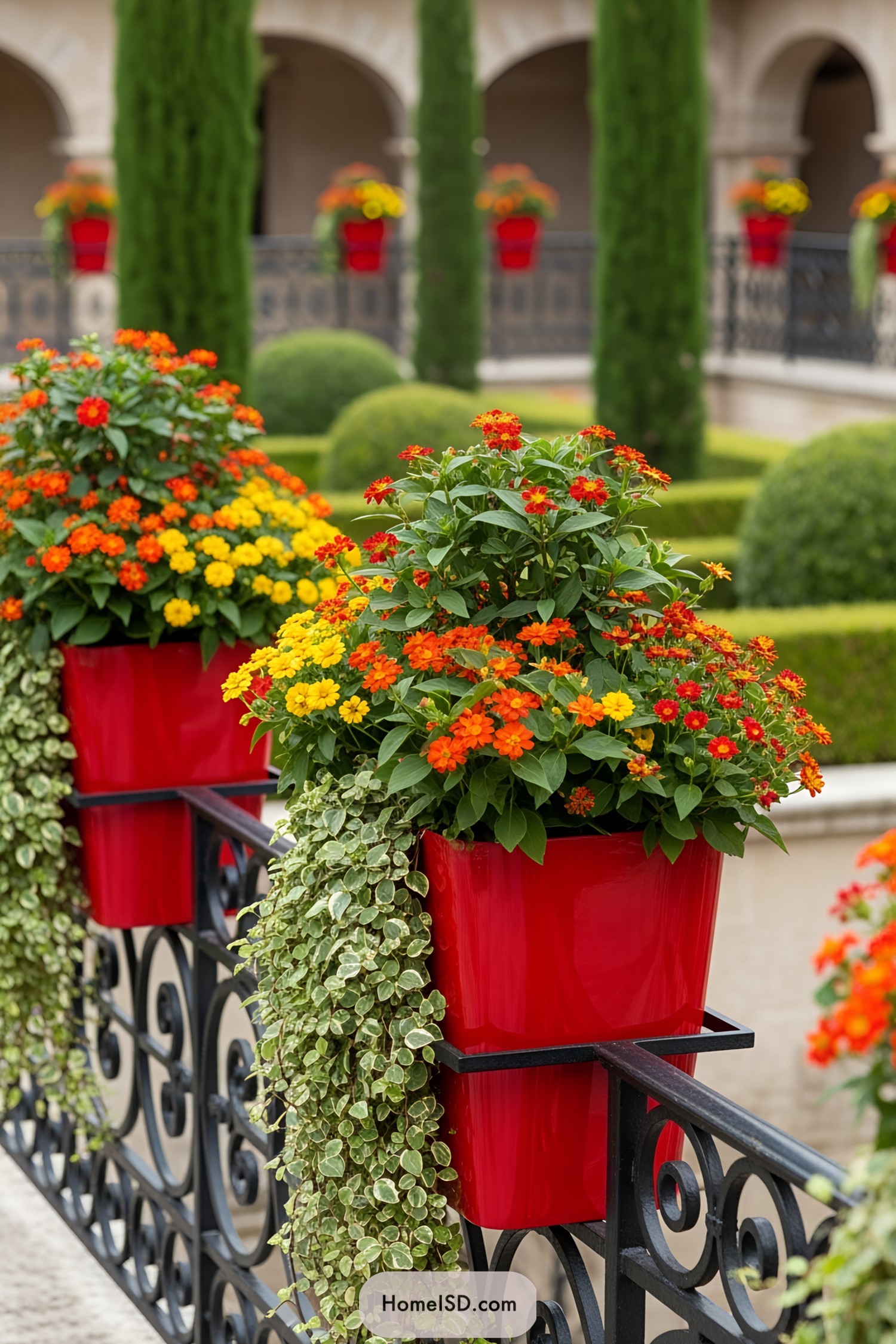 Vibrant red flower pots filled with orange and yellow flowers on a decorative railing