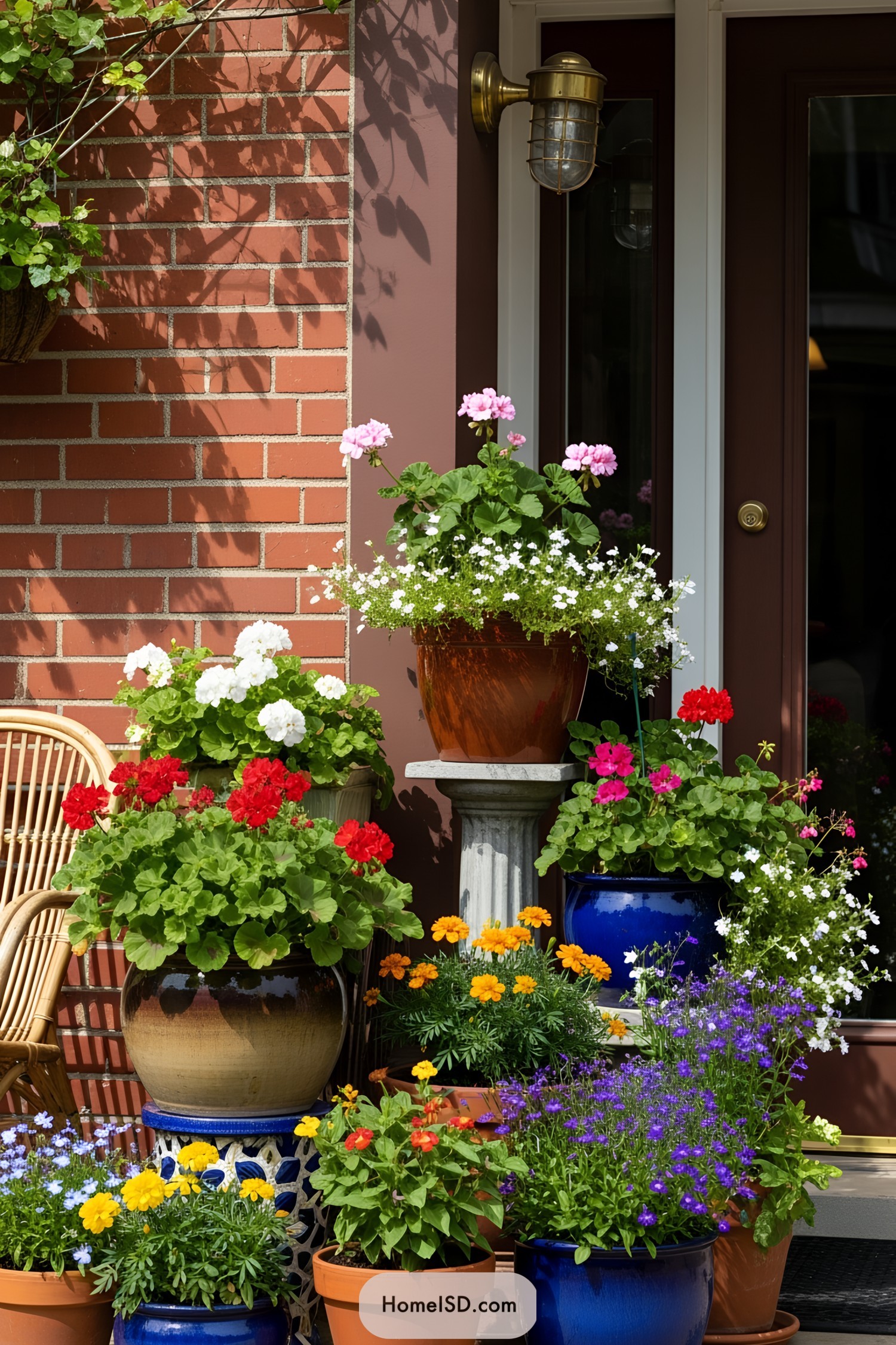 Colorful assortment of flowers in pots against a brick wall