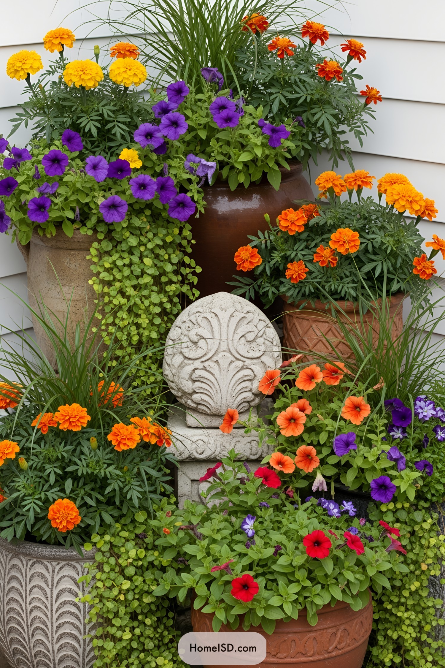 Vibrant flower pots with colorful blooms and greenery
