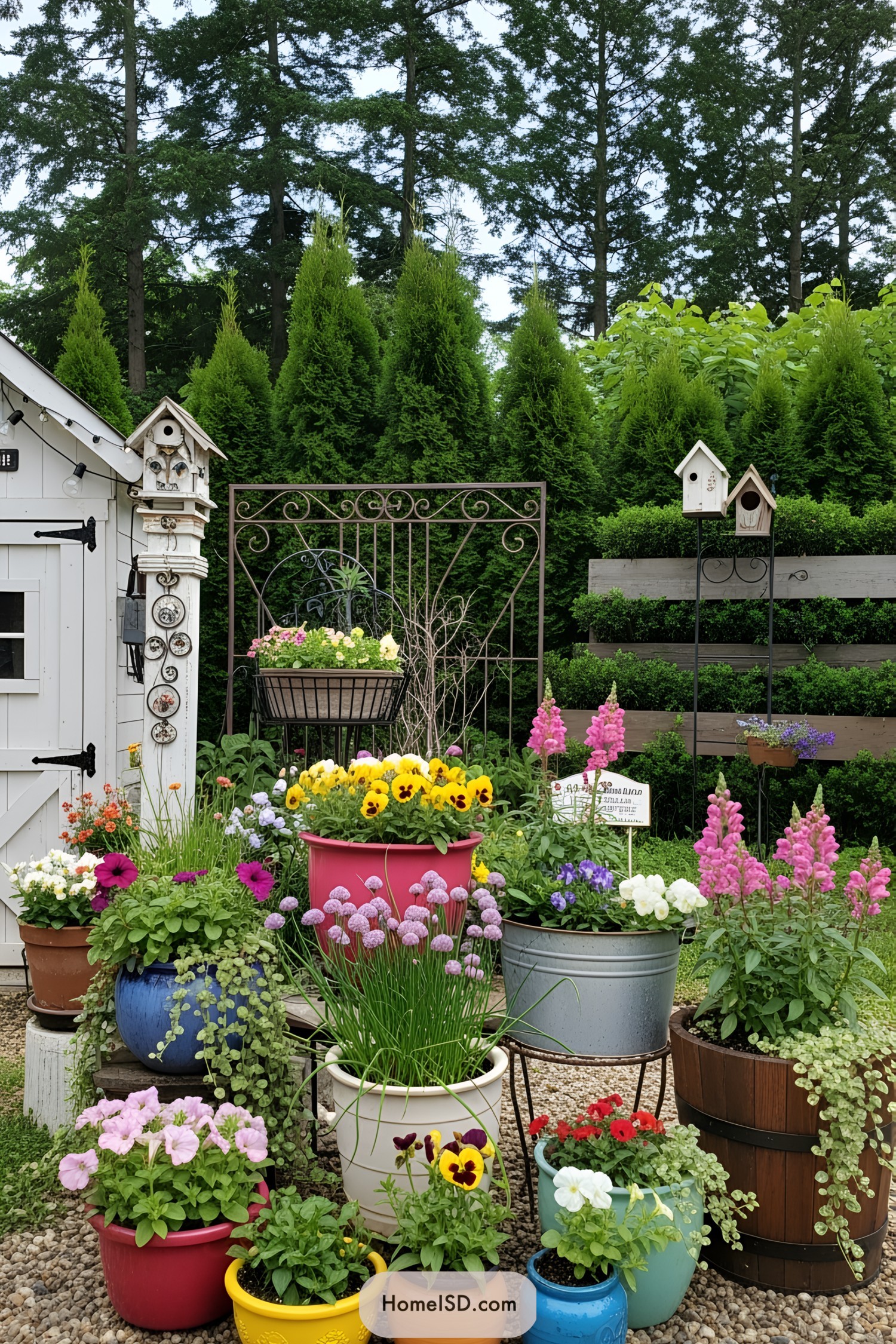 Vibrant flower pots arranged in a charming garden setting