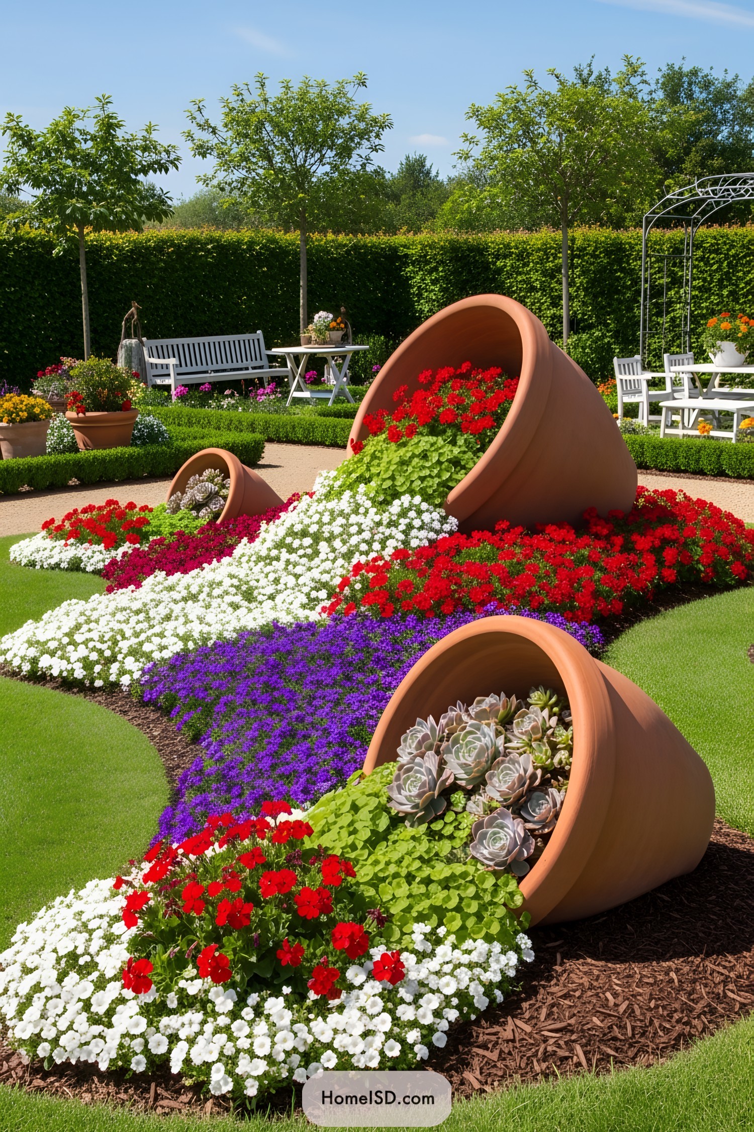 Overflowing terracotta pots spilling vibrant flowers on a garden lawn