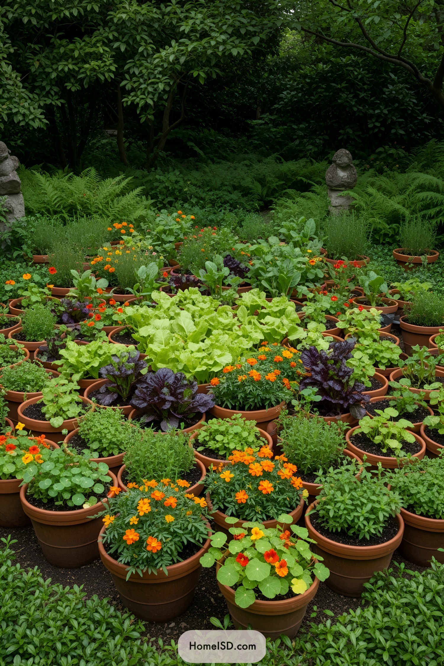 A lush arrangement of potted plants and flowers in a garden