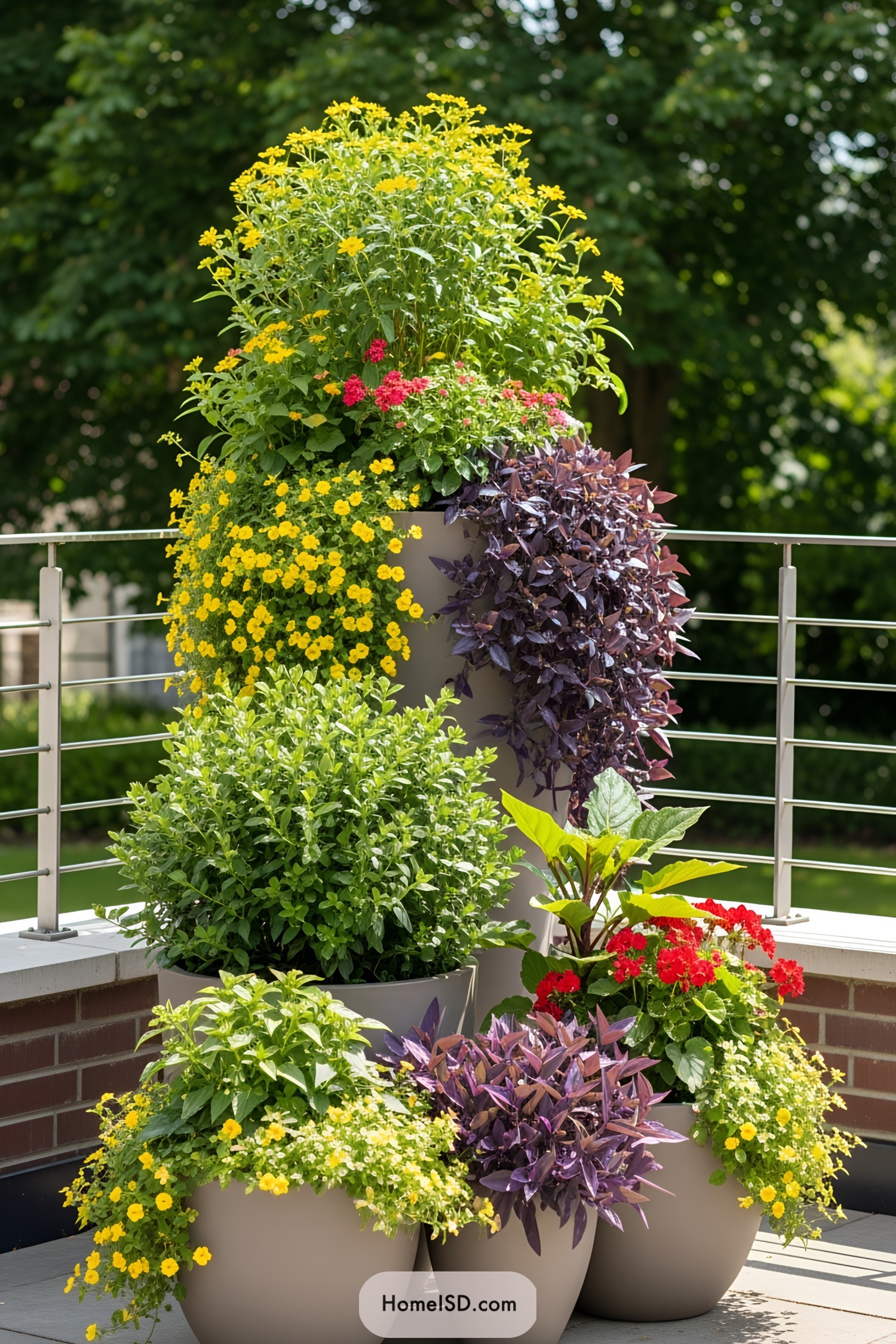 Colorful flowers blooming energetically in stacked pots on a patio