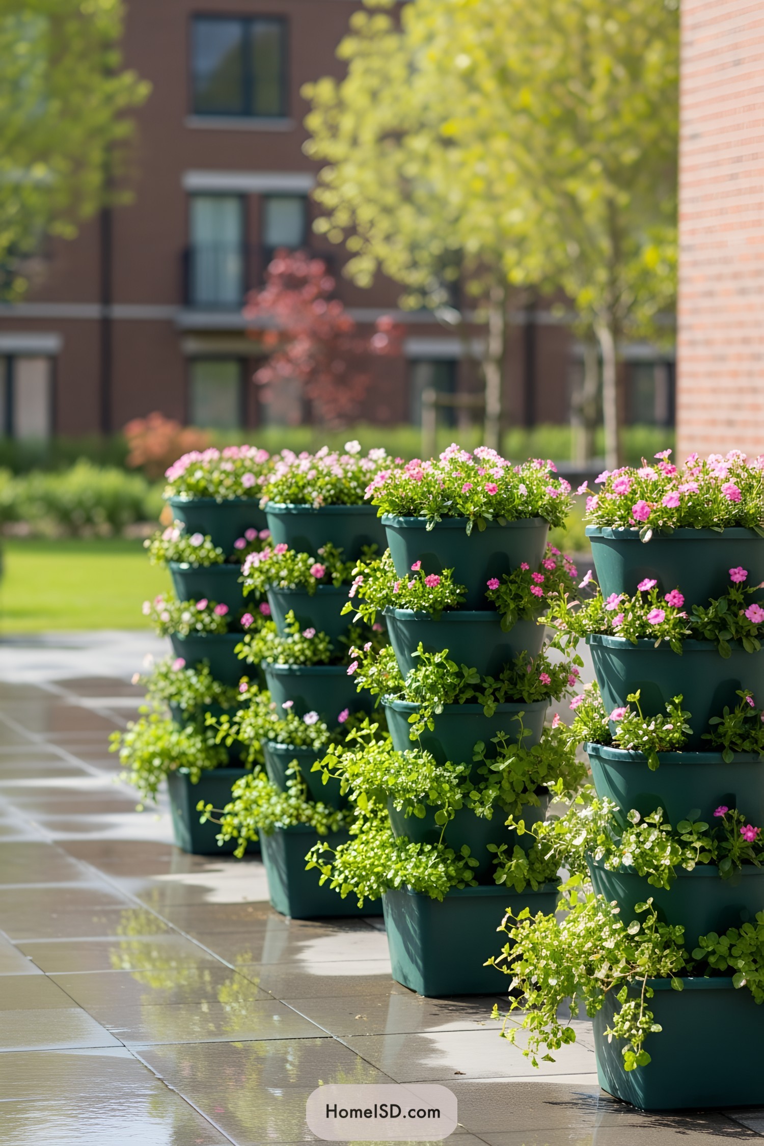 Stacked green pots with pink flowers on a paved path
