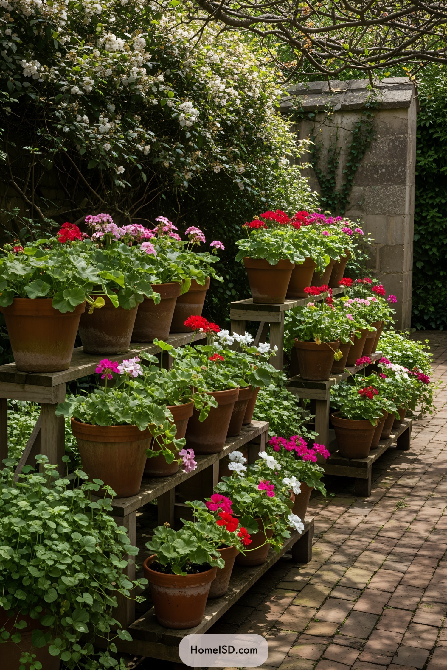 Rows of vibrant flower pots on wooden shelves with a backdrop of lush greenery