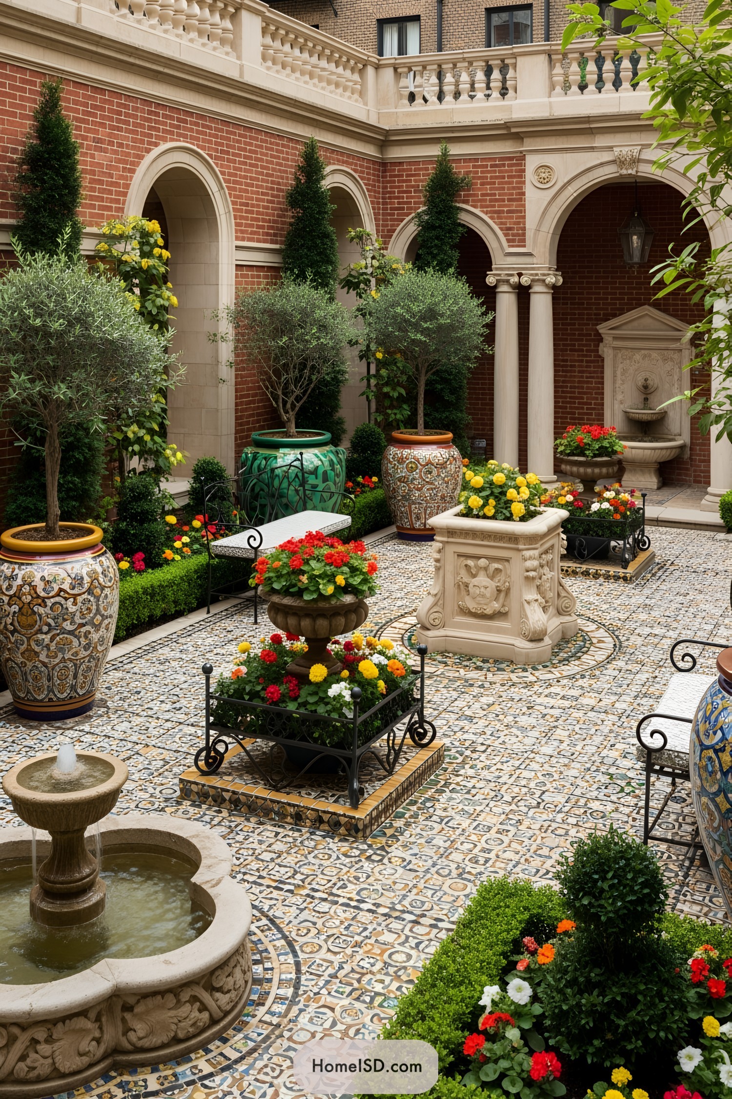 Lavish courtyard with large ornate pots and colorful flowers