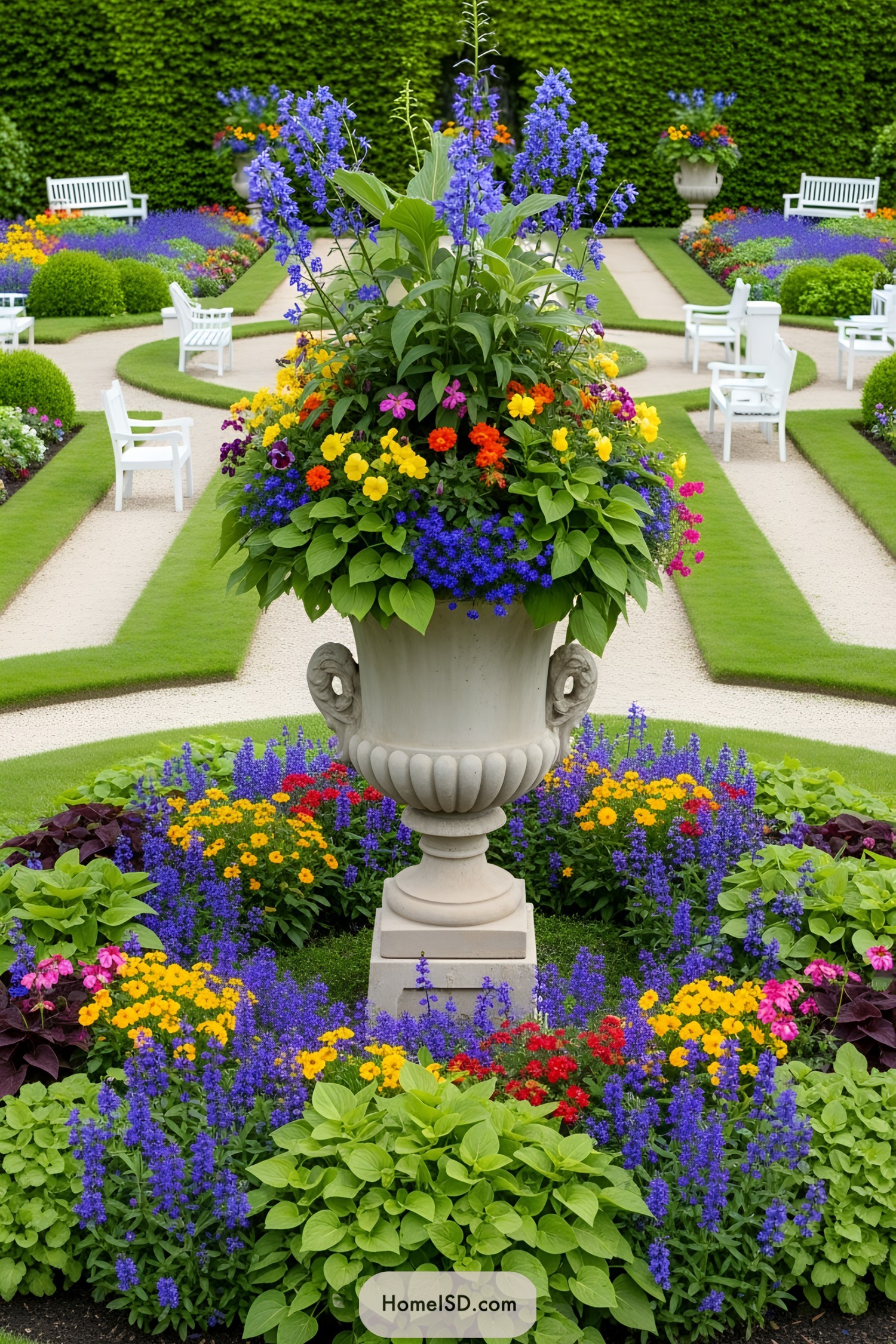 Colorful flowers in a large decorative pot in a garden setting