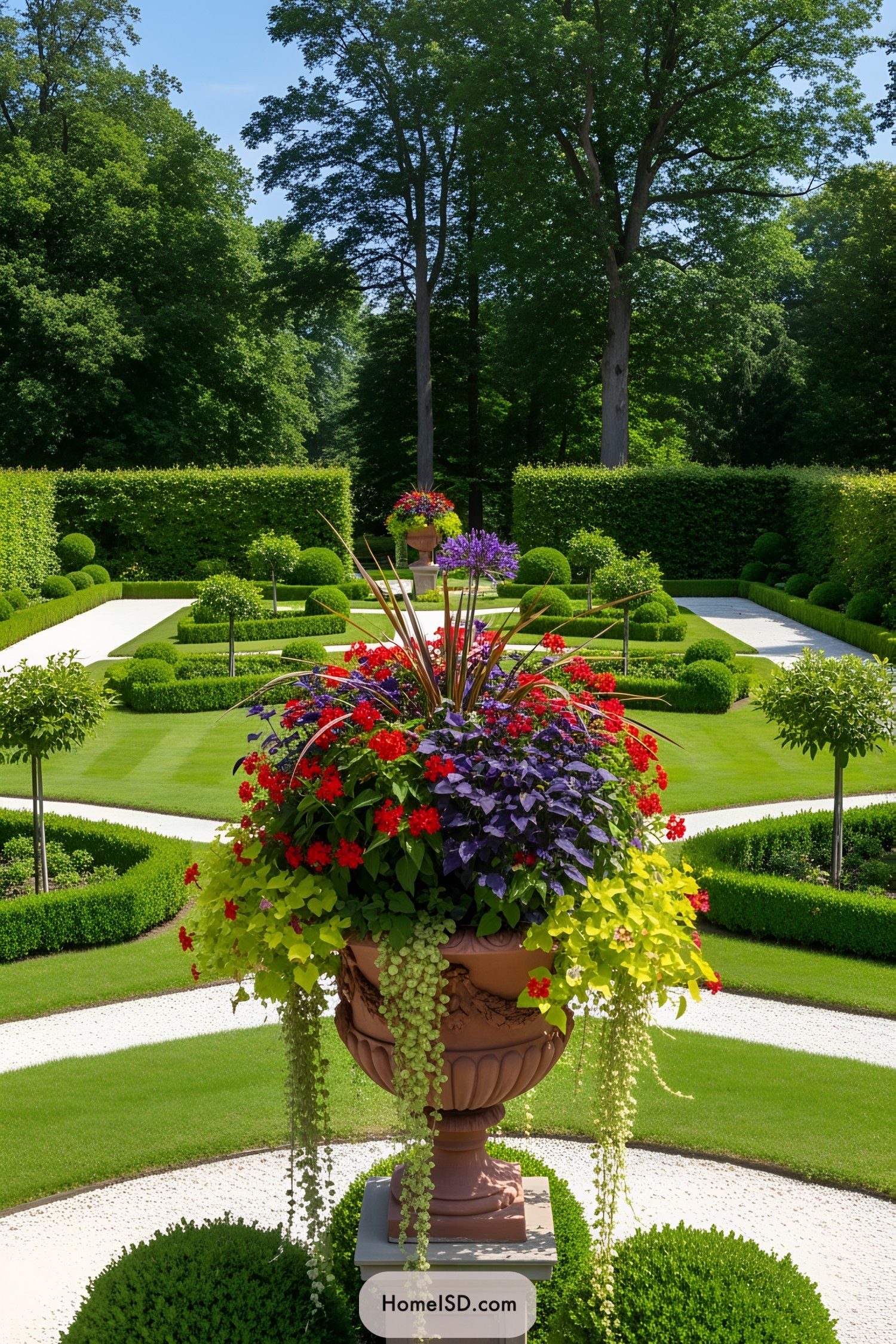 Large flower pot with vibrant blossoms in a formal garden