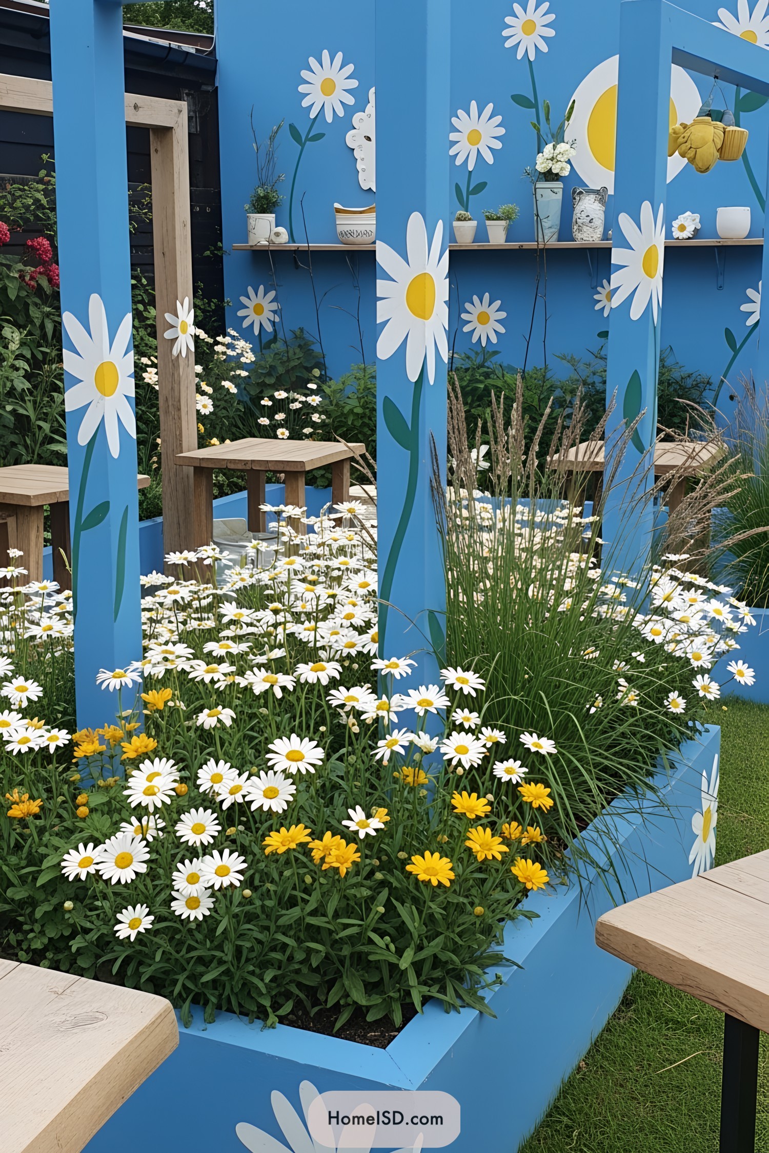 Blue planter box with white and yellow daisies