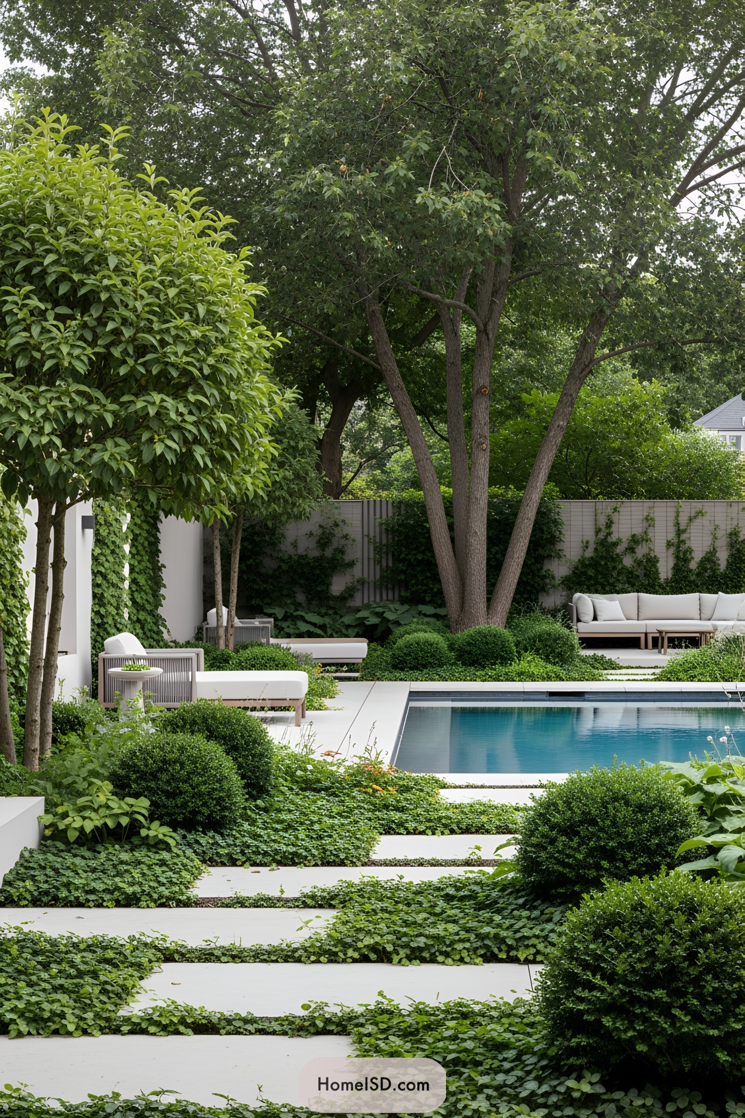 Lush garden with a deep blue pool surrounded by greenery