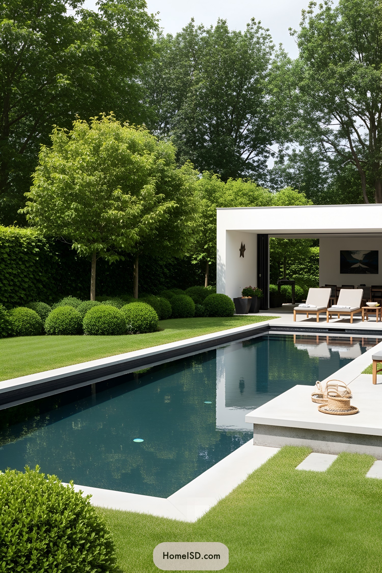 Sleek rectangular pool with greenery and modern lounging area