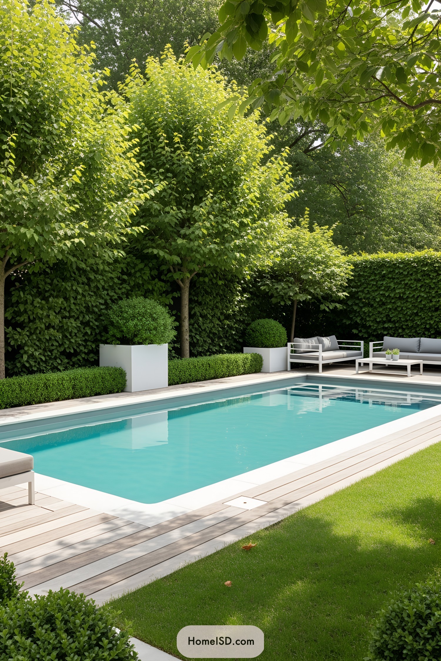 Modern garden pool with surrounding lush greenery