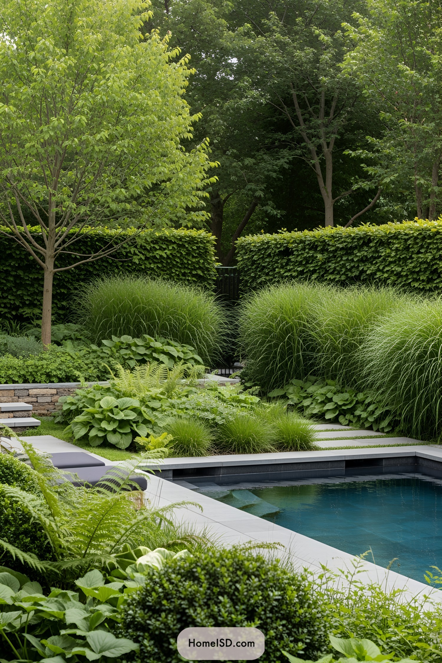 Lush garden pool surrounded by greenery