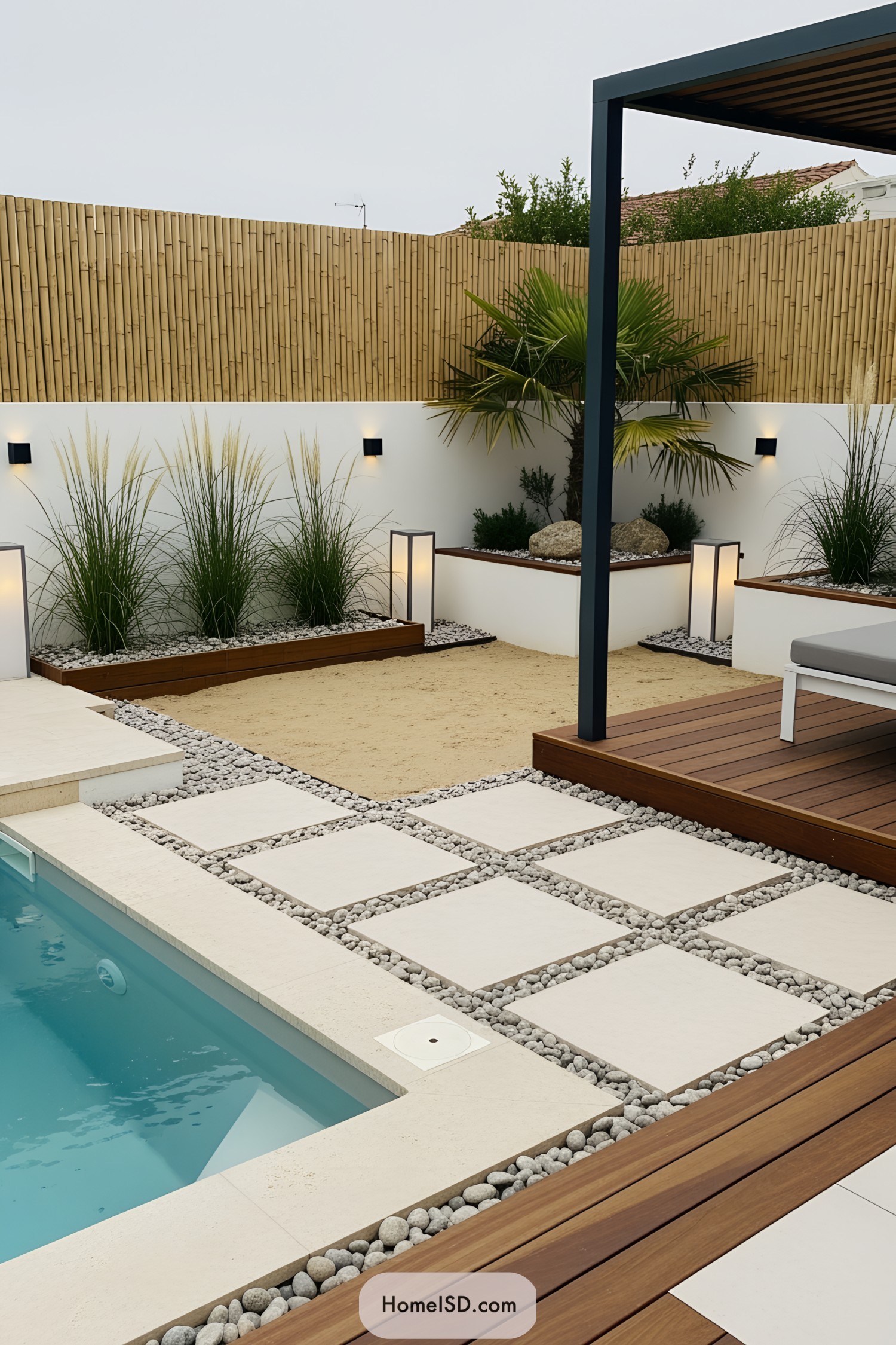 Modern pool with sleek deck and bamboo fencing
