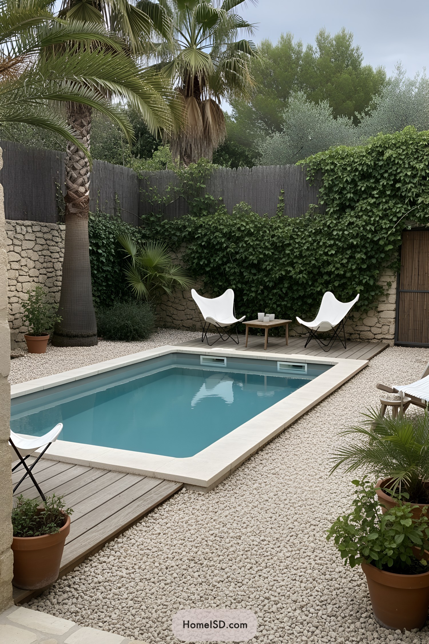 Small pool surrounded by greenery and modern chairs