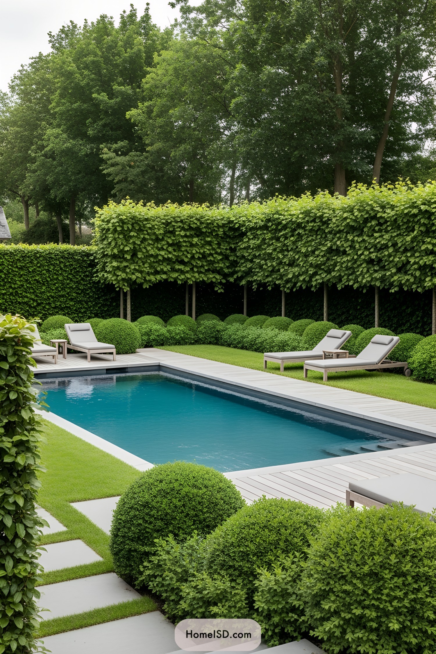 Elegant pool surrounded by lush greenery and modern loungers