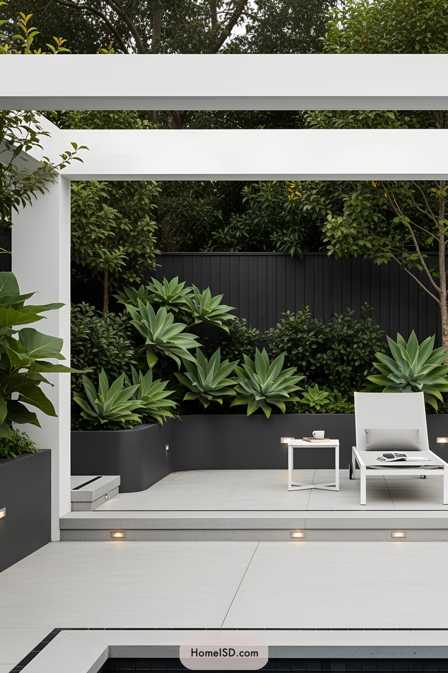 Modern garden pool with lounge chair and lush plants