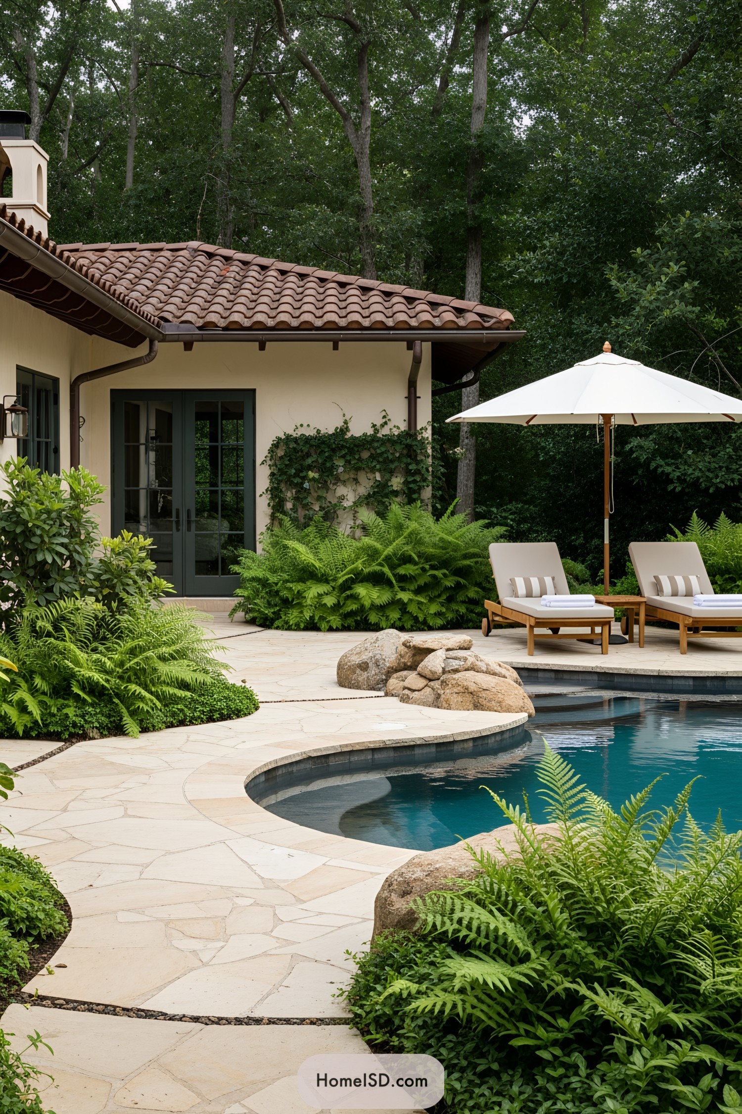 Poolside area with loungers and greenery