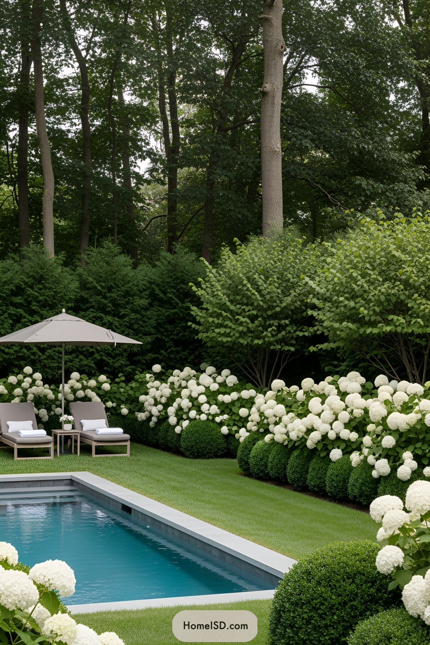 Elegant garden pool surrounded by white flowers and greenery