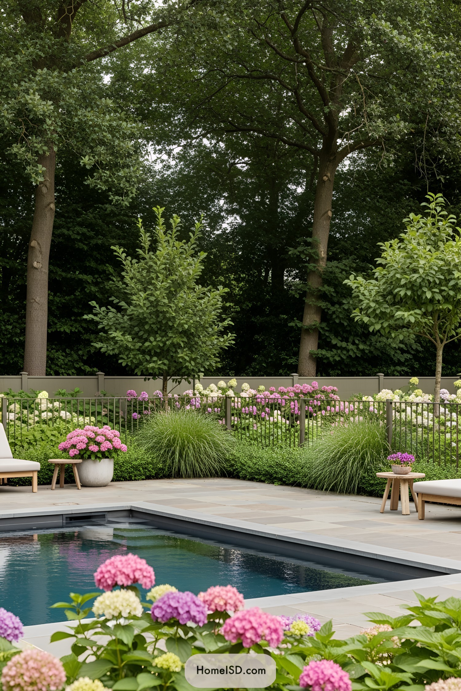 Garden pool surrounded by vibrant flowers and trees
