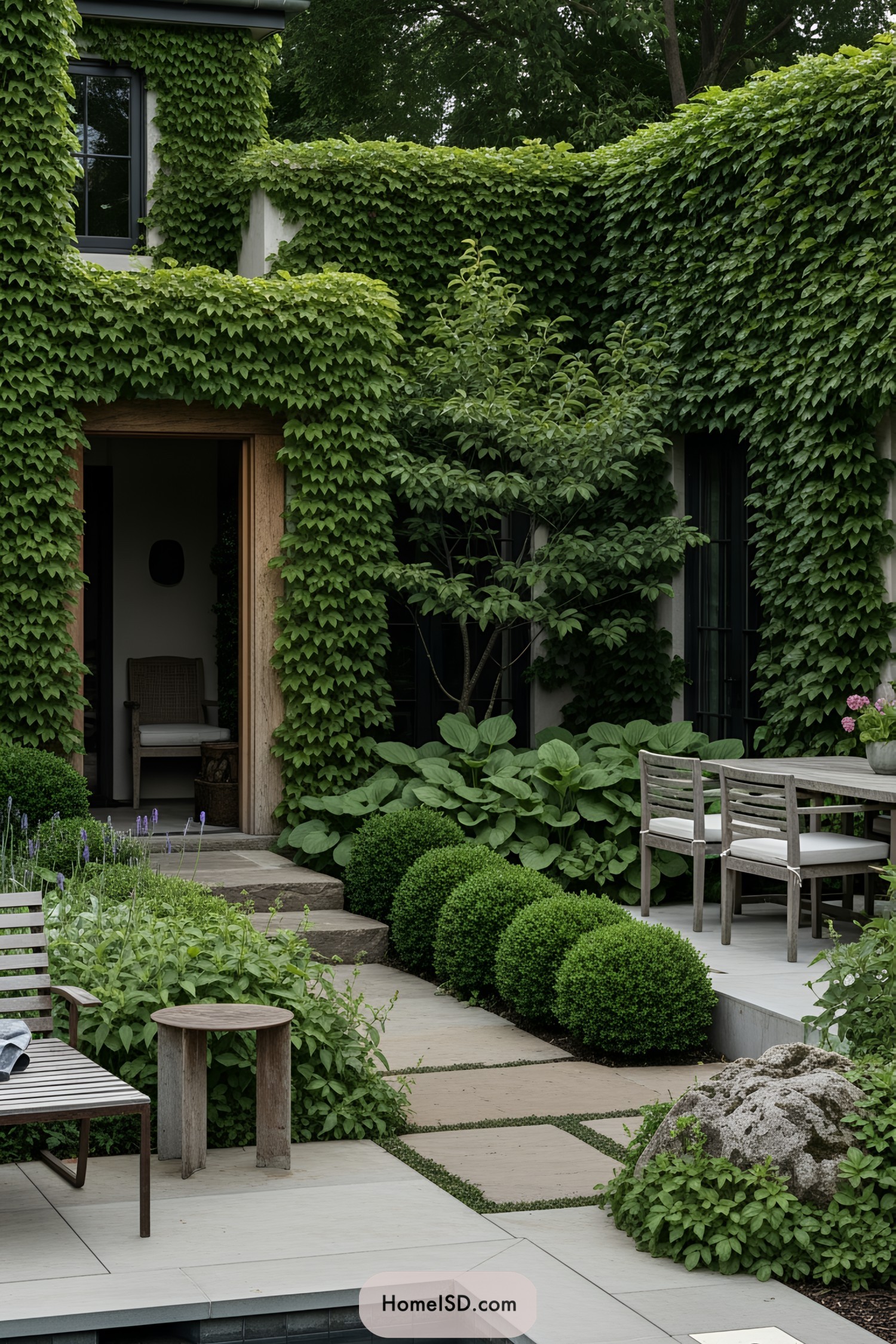 Garden pool surrounded by lush greenery and a cozy sitting area