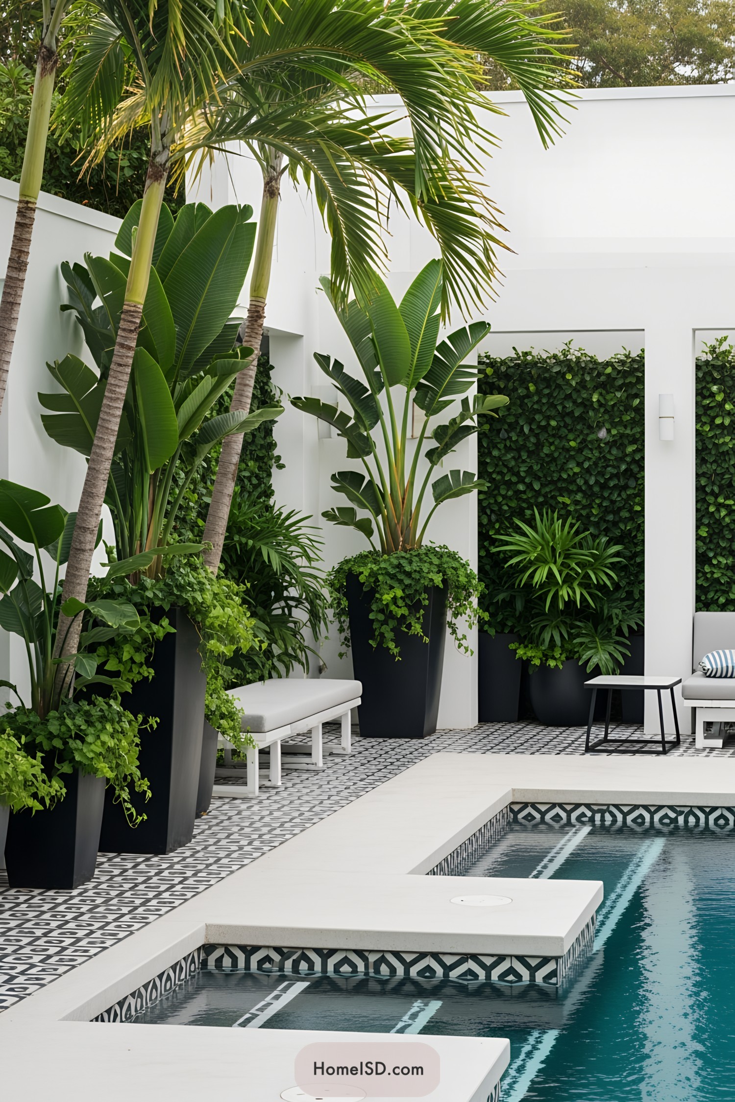 Modern garden pool with tropical plants and tiled design