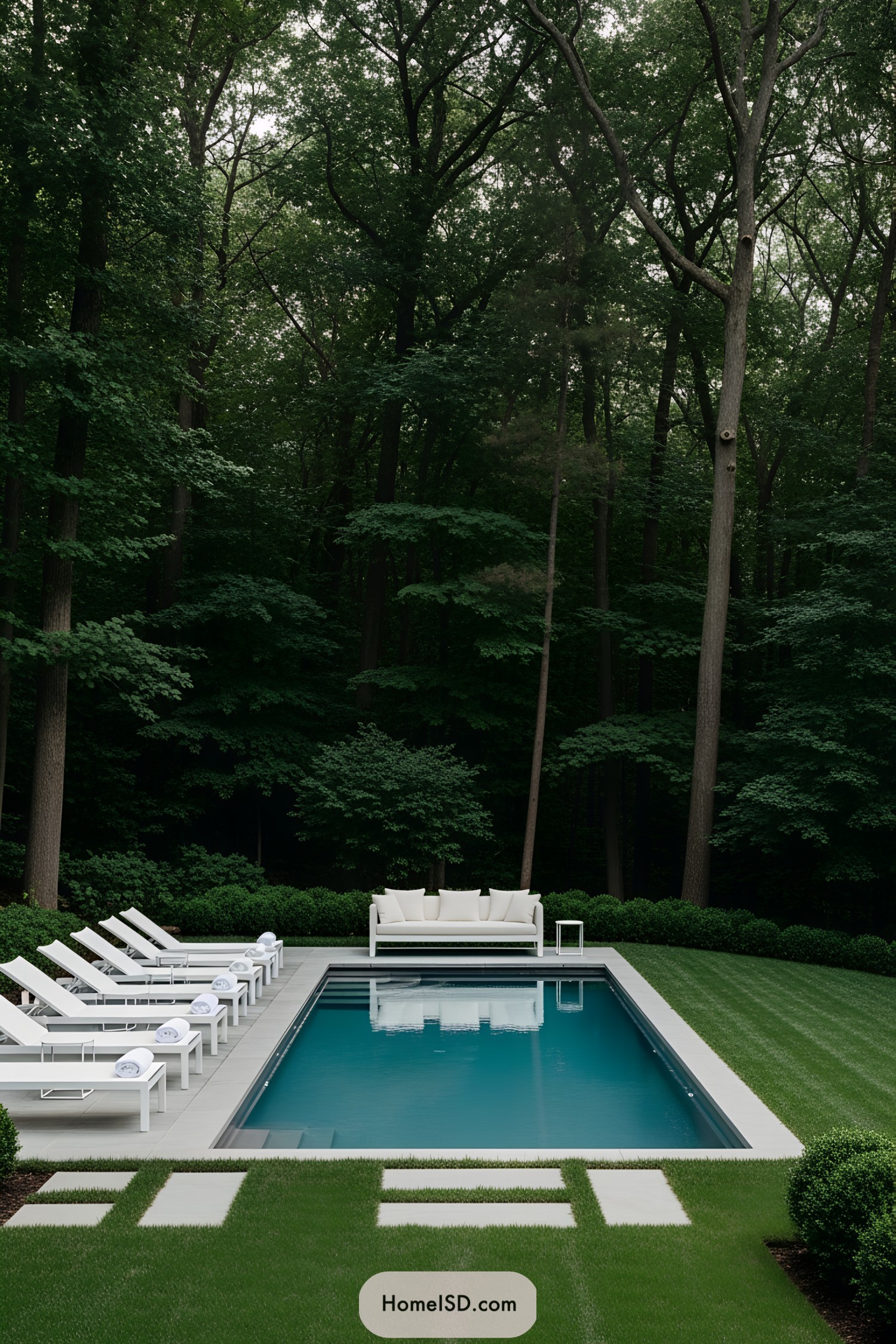 Modern pool with white loungers and forest setting