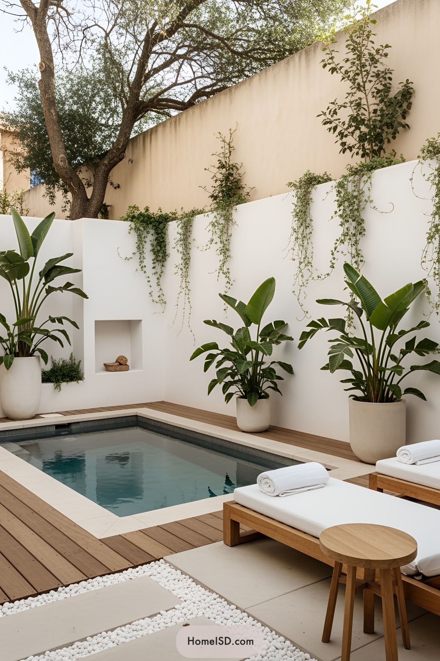 Small pool with white lounge chairs and green plants in a minimalist courtyard