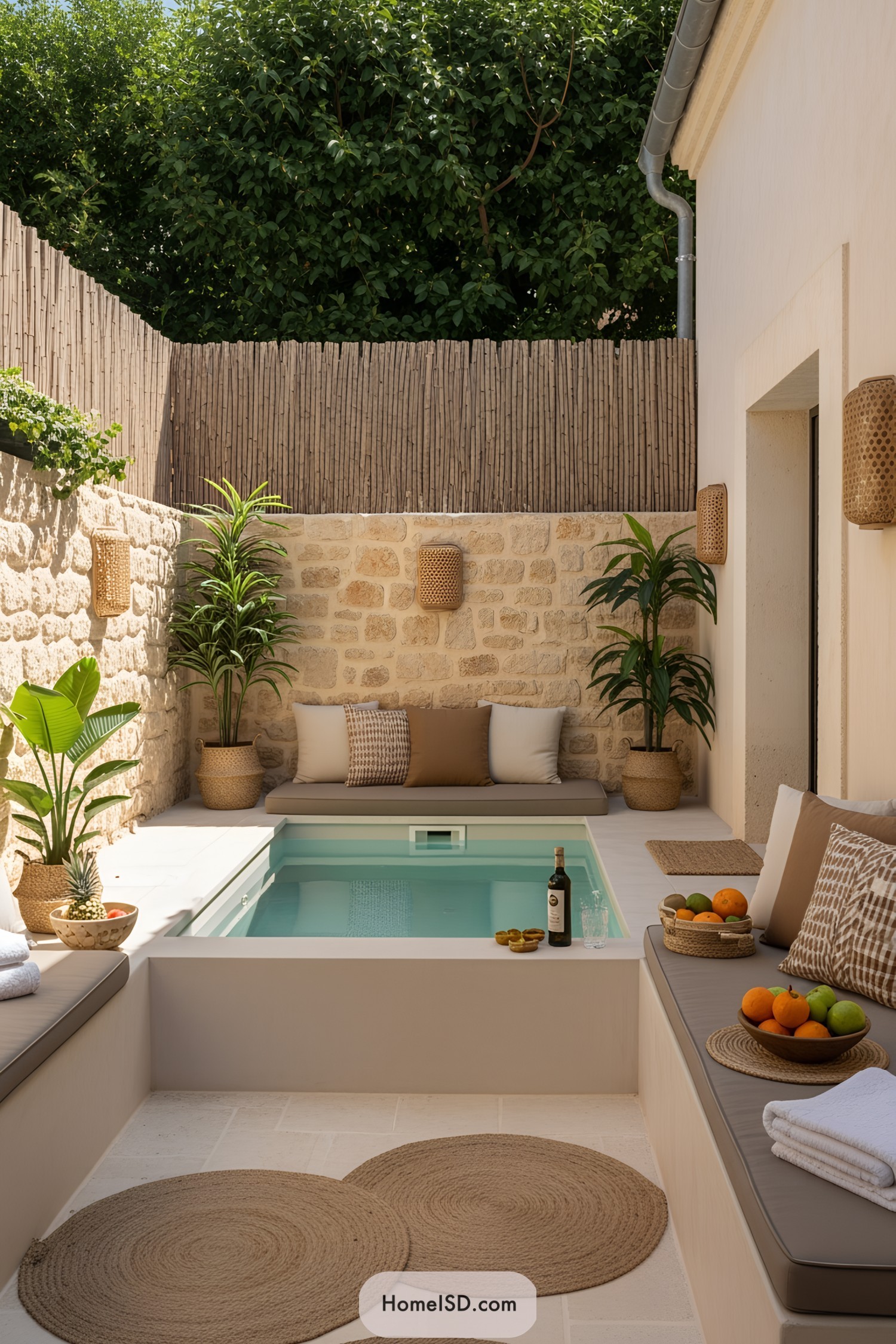 Small backyard pool with seating and decor