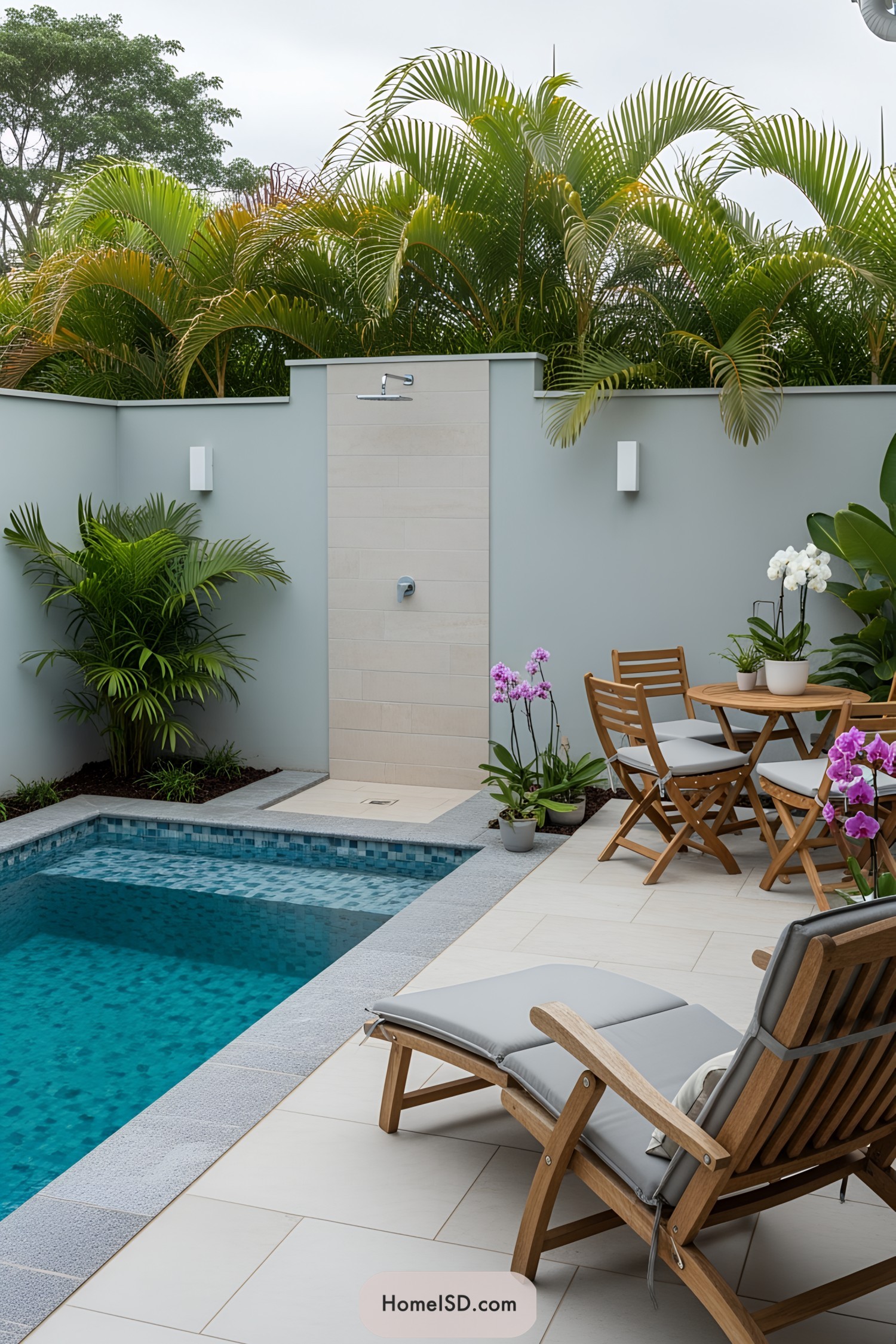 Chic pool area with lounge chairs and lush plants
