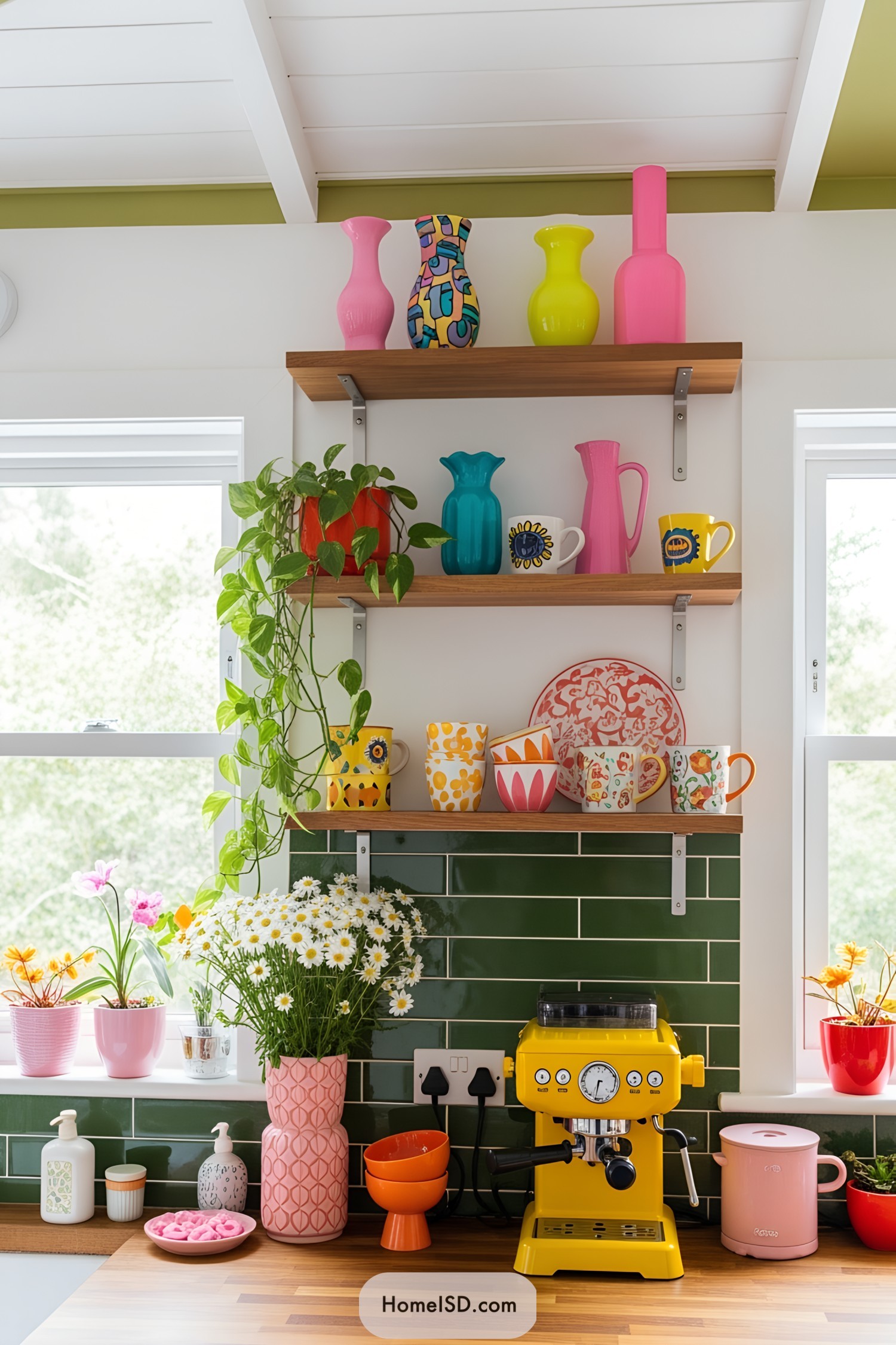 Bright and vibrant kitchen shelves with colorful ceramics and plants