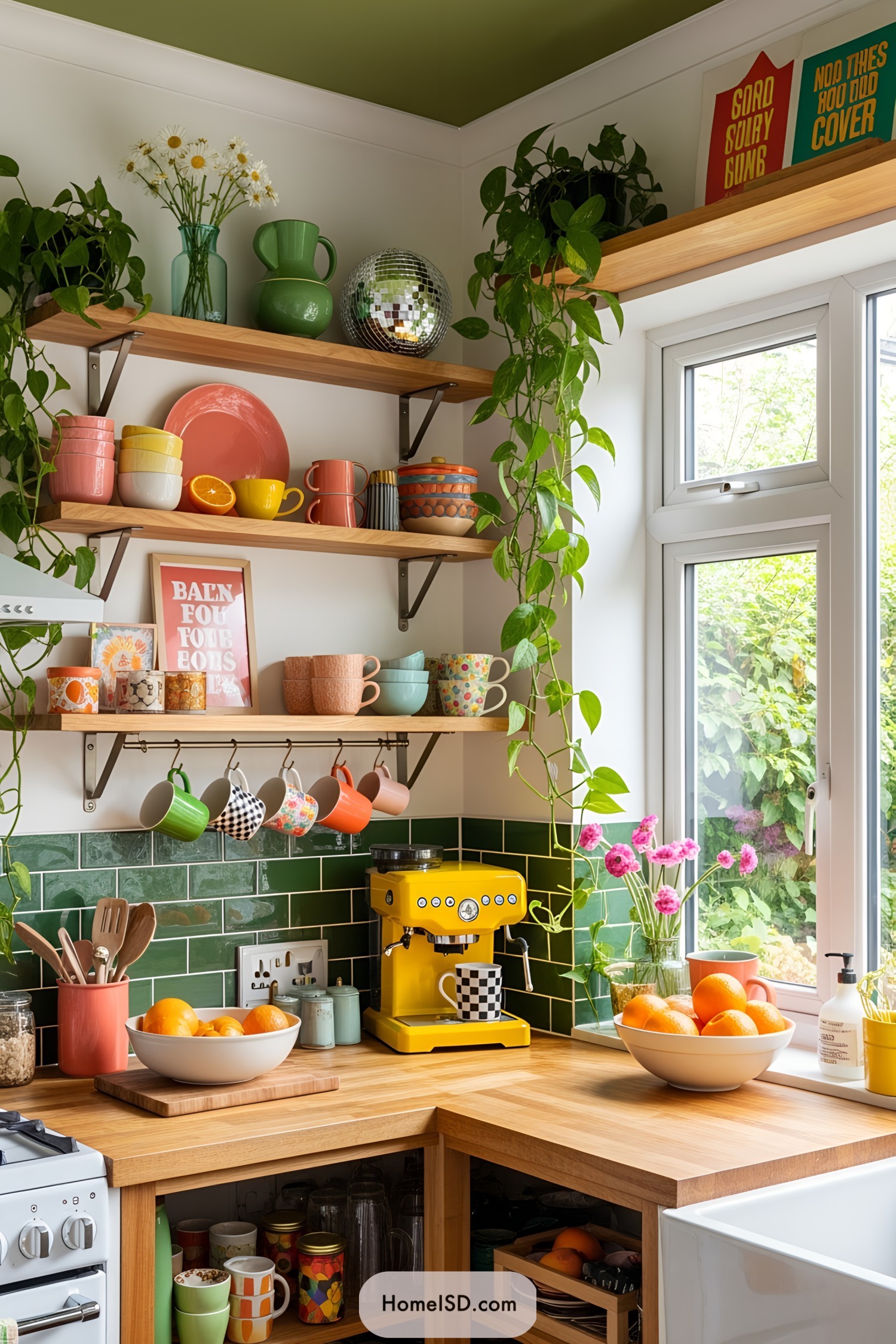 Colorful kitchen corner with vibrant mugs and plants