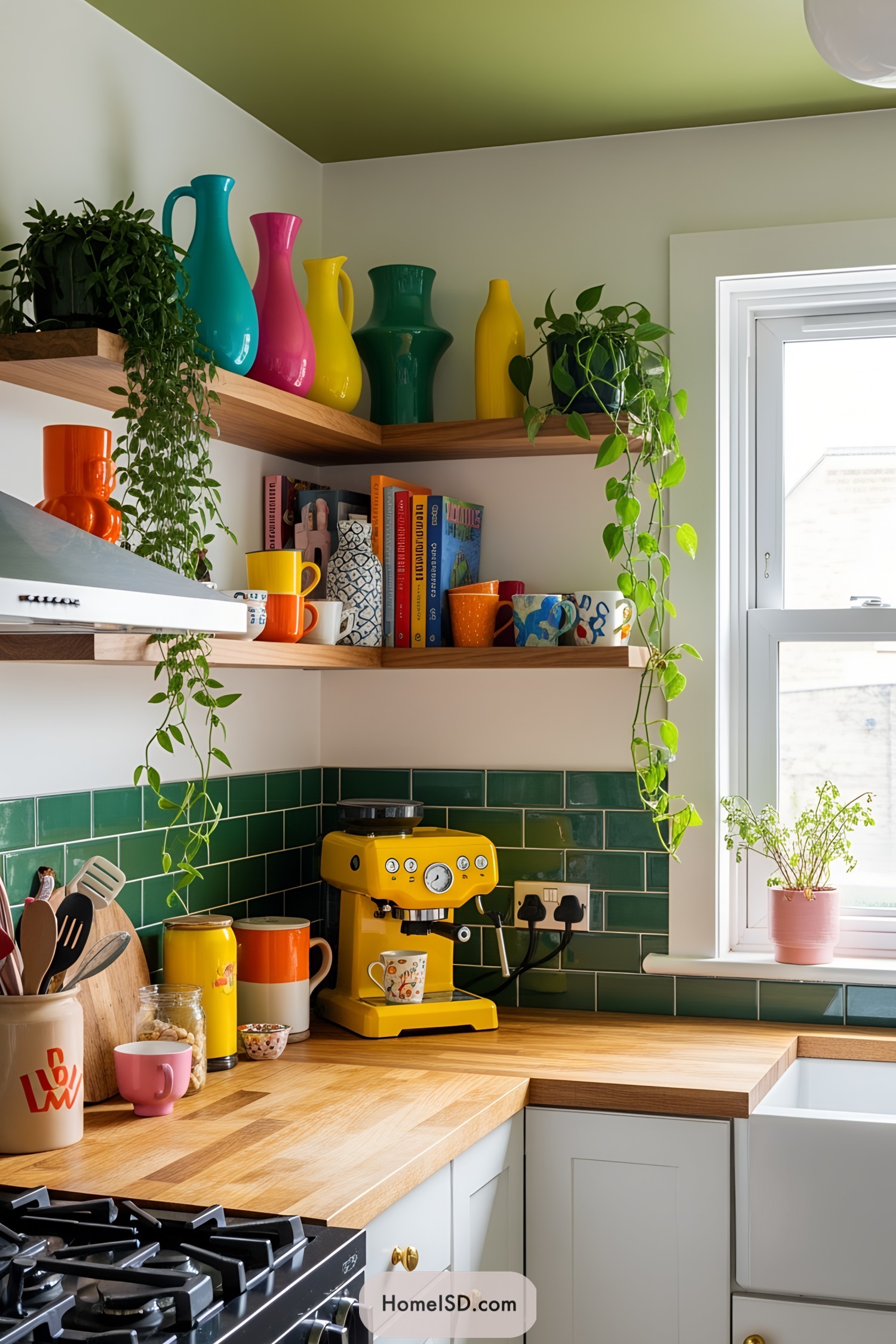 Bright kitchen with colorful accents and a yellow coffee machine