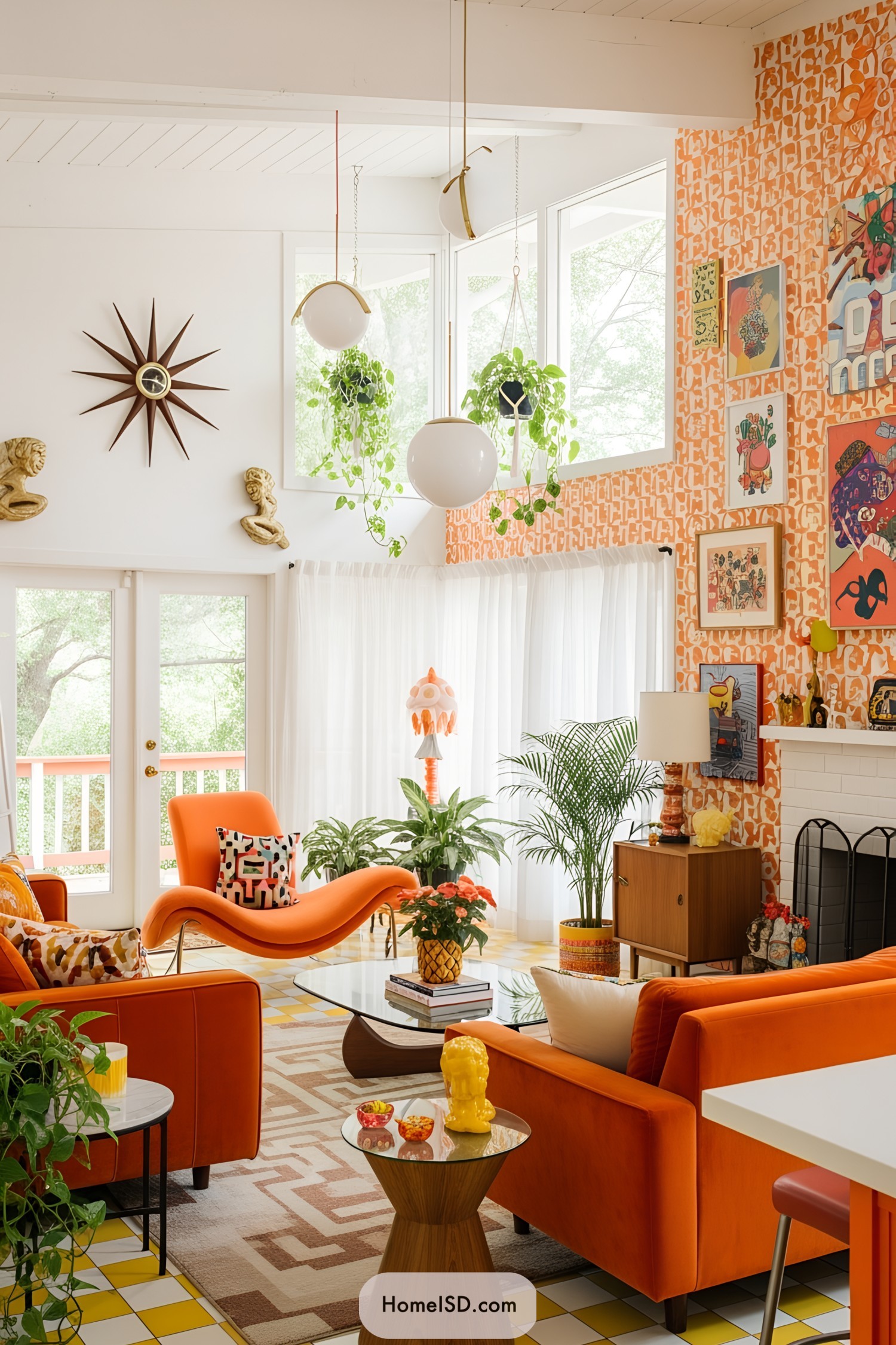 Bright room with vibrant orange furniture and eclectic decor