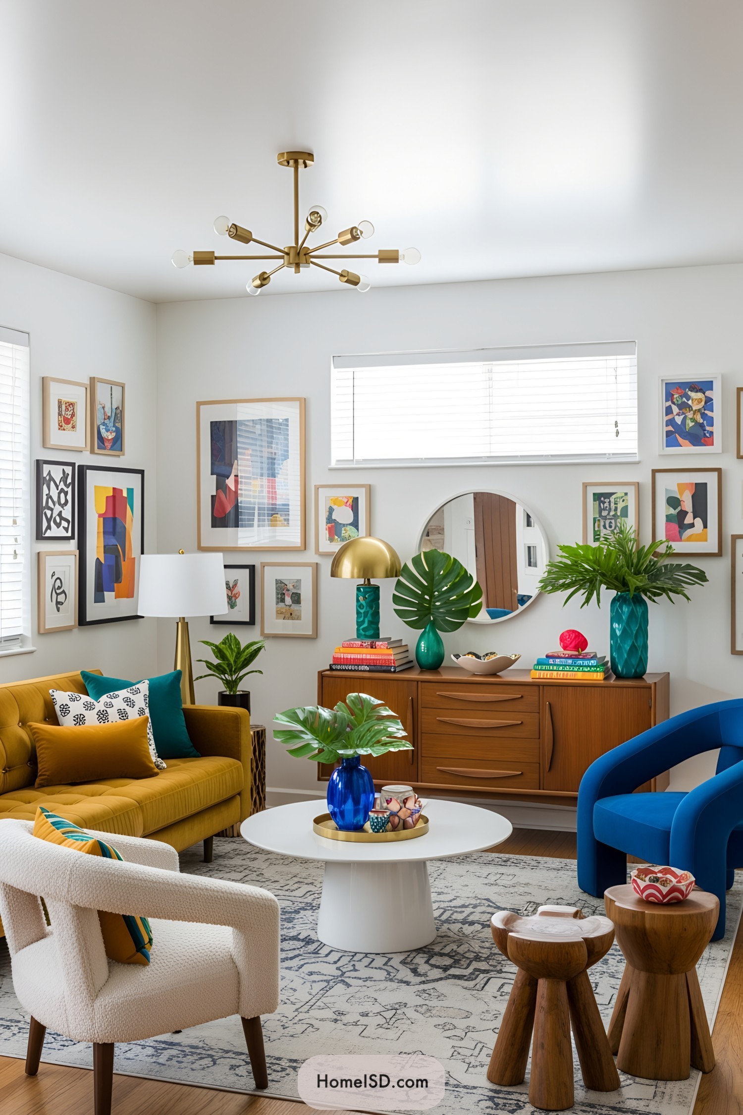 Living room with vibrant furniture, plants, and colorful art