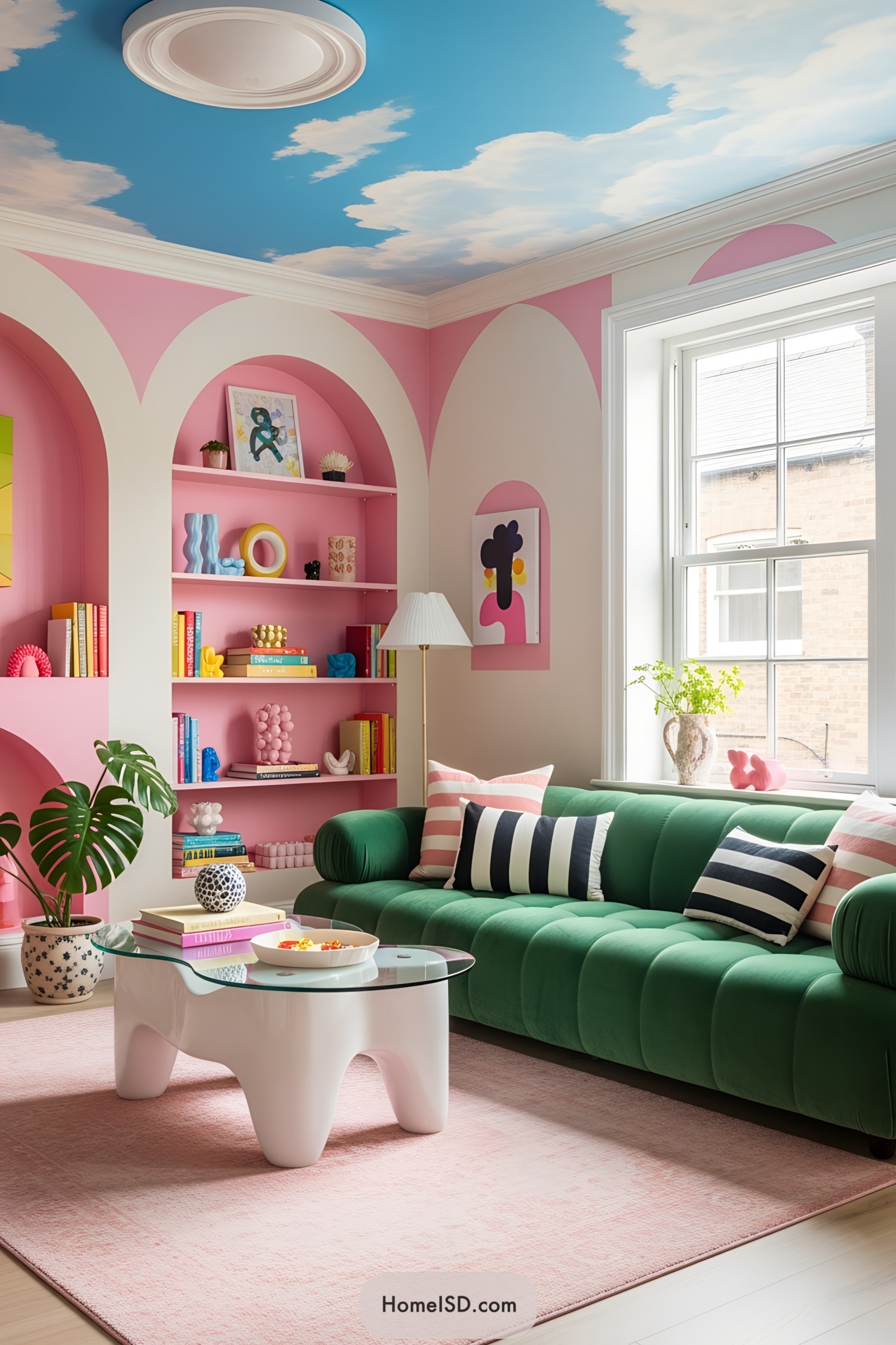 Vibrant room with colorful decor and a sky-themed ceiling