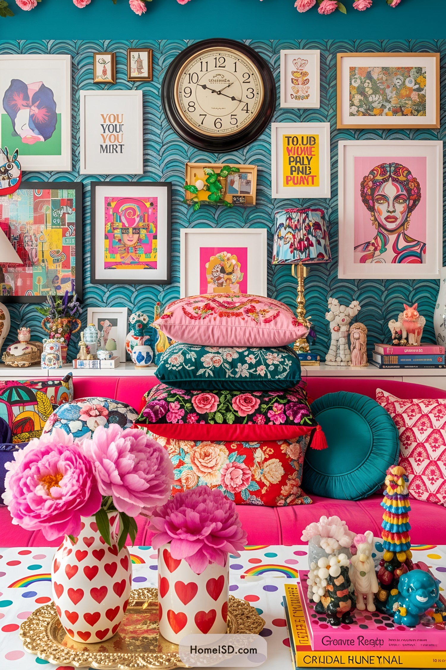Colorful cushions and framed art creating a playful living space