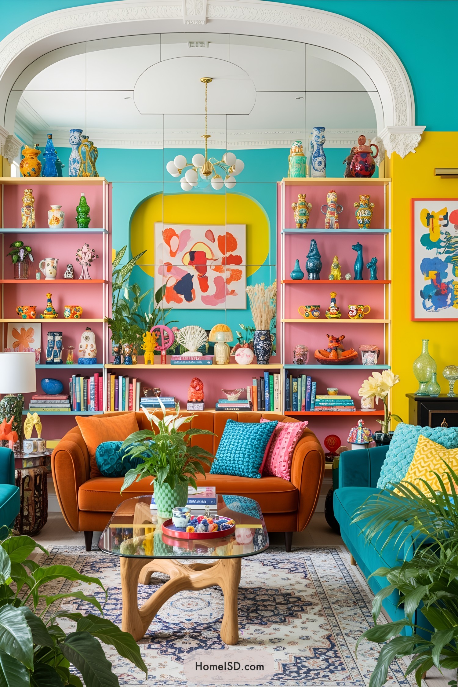 A vibrant room with colorful furniture and eclectic decor