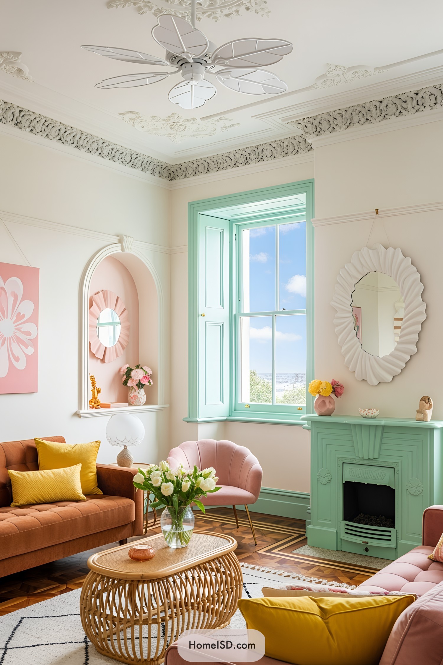 Pastel-themed living room with colorful accents