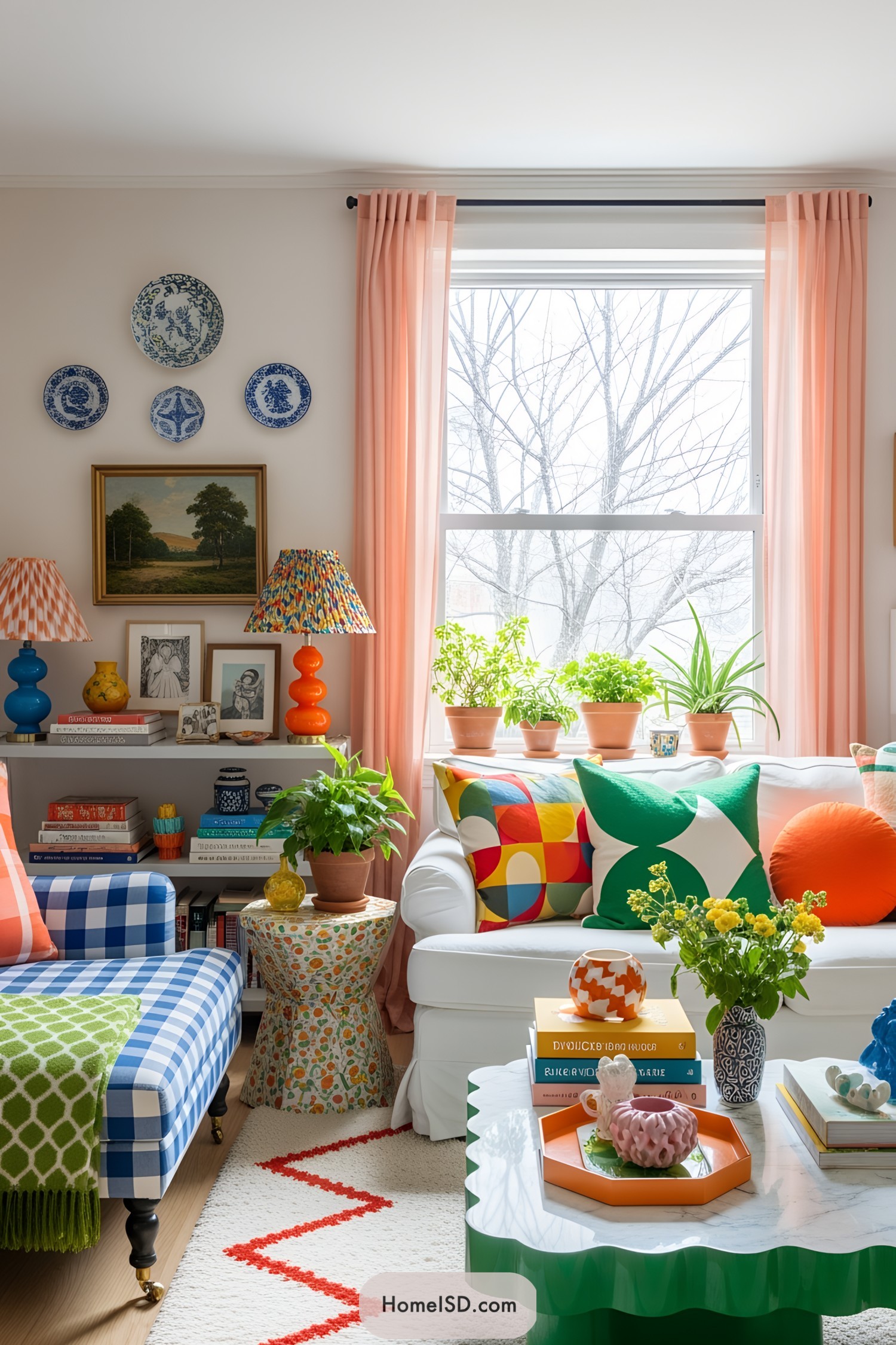 Bright and playful living room with eclectic decorations