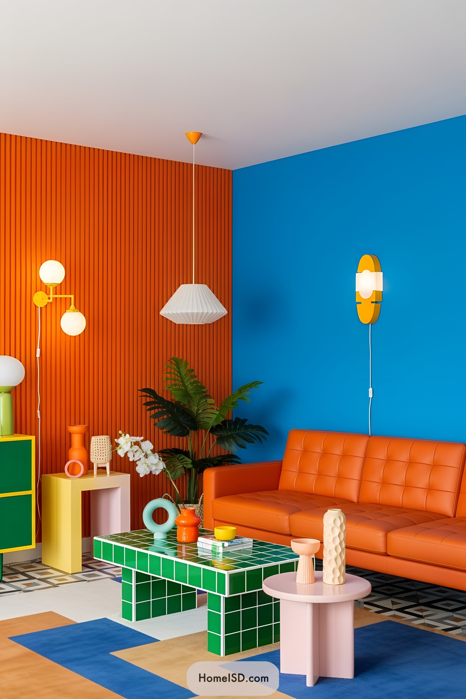 Bright and colorful living room with retro furniture